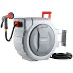 Front. VEVOR - Retractable Garden Hose Reel, 1/2 in x 130 ft, Wall Mounted Hose Reel with 9-Function Sprayer Nozzle and 180° Swivel - Grey.