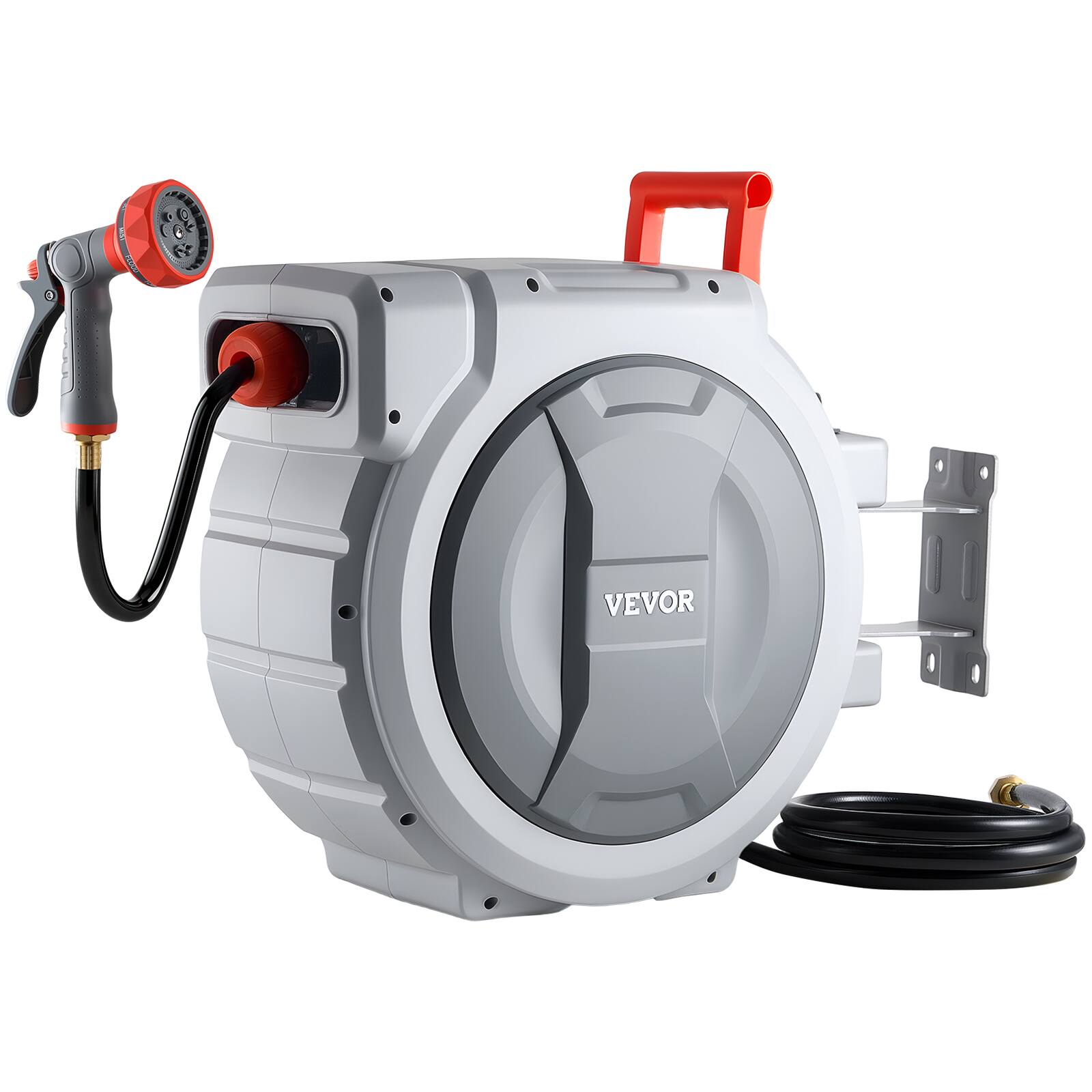 Front. VEVOR - Retractable Garden Hose Reel, 1/2 in x 130 ft, Wall Mounted Hose Reel with 9-Function Sprayer Nozzle and 180° Swivel - Grey.