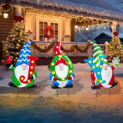 Front. RTMB - 3-Pack Lighted Gnome Yard Stakes, Metal, Battery Operated, Waterproof - blue.