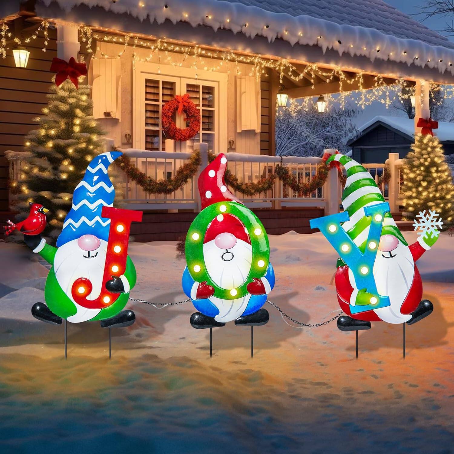 Front. RTMB - 3-Pack Lighted Gnome Yard Stakes, Metal, Battery Operated, Waterproof - blue.