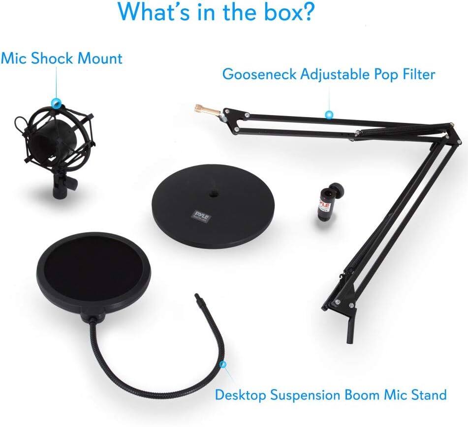 What's in the box?

- Mic Shock Mount
- Gooseneck Adjustable Pop Filter
- Desktop Suspension Boom Mic Stand