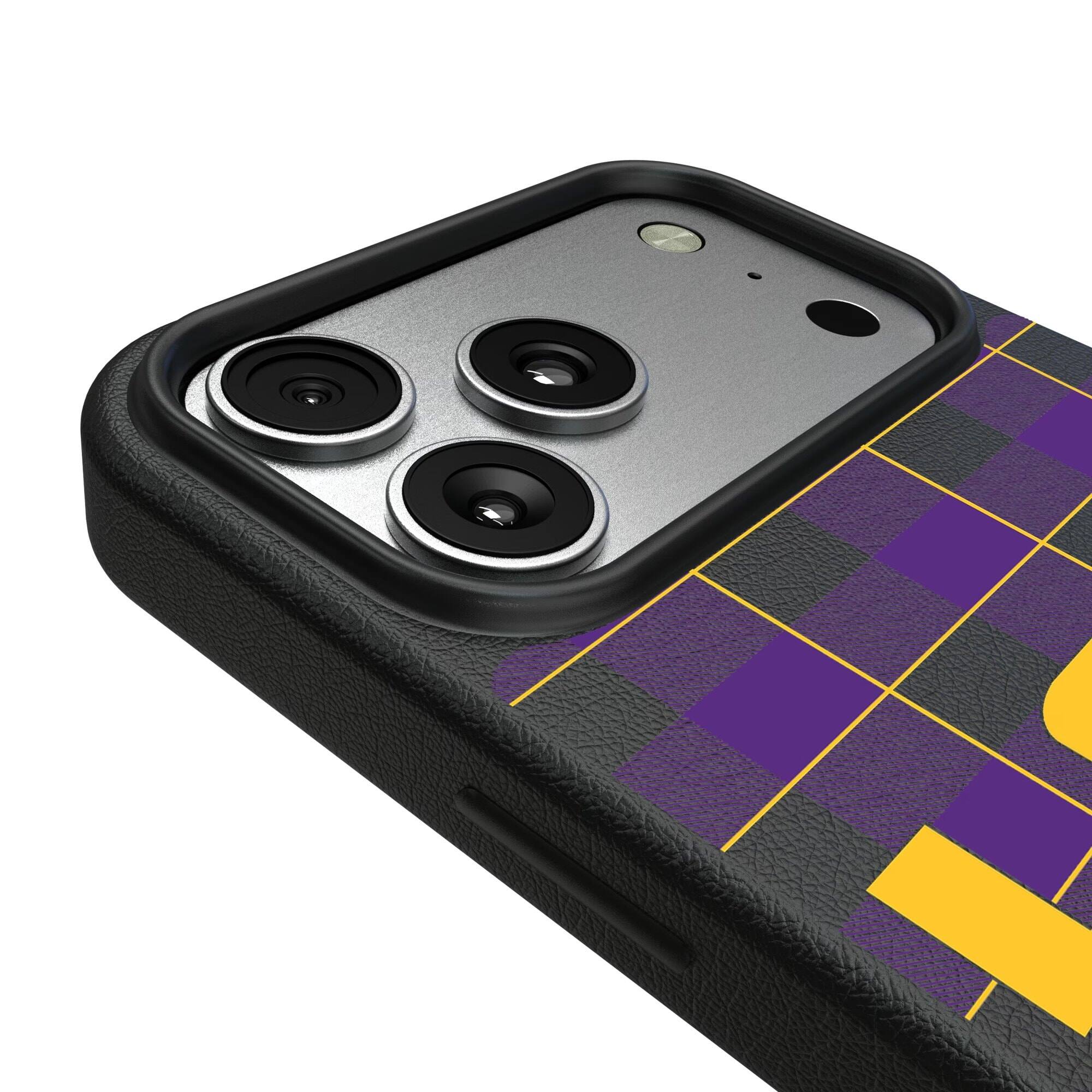 Alt View 2. Keyscaper - LSU Tigers Plaid Magnetic Bump iPhone Case - 15 Pro - Black.