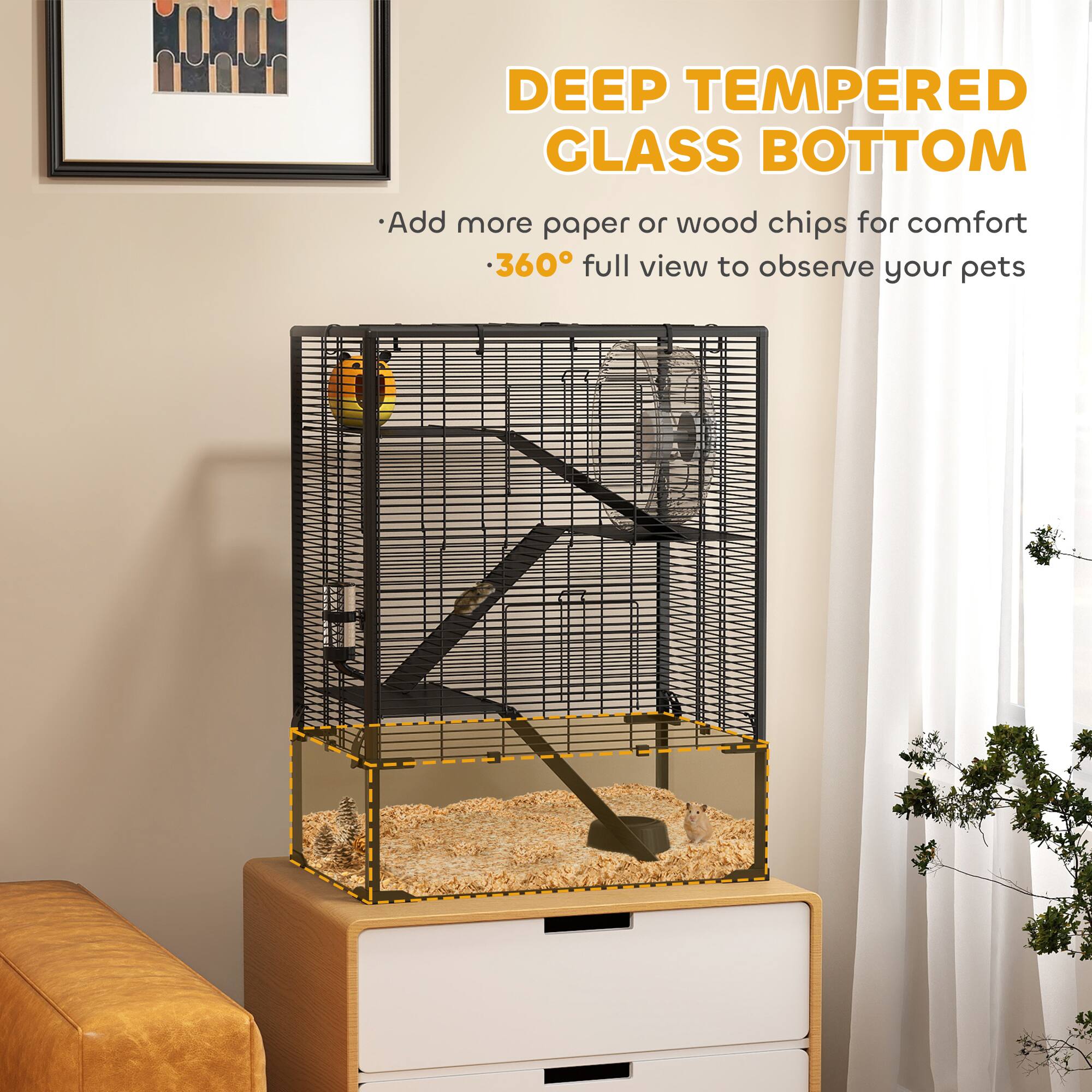 DEEP TEMPERED GLASS BOTTOM

- Add more paper or wood chips for comfort
- 360° full view to observe your pets