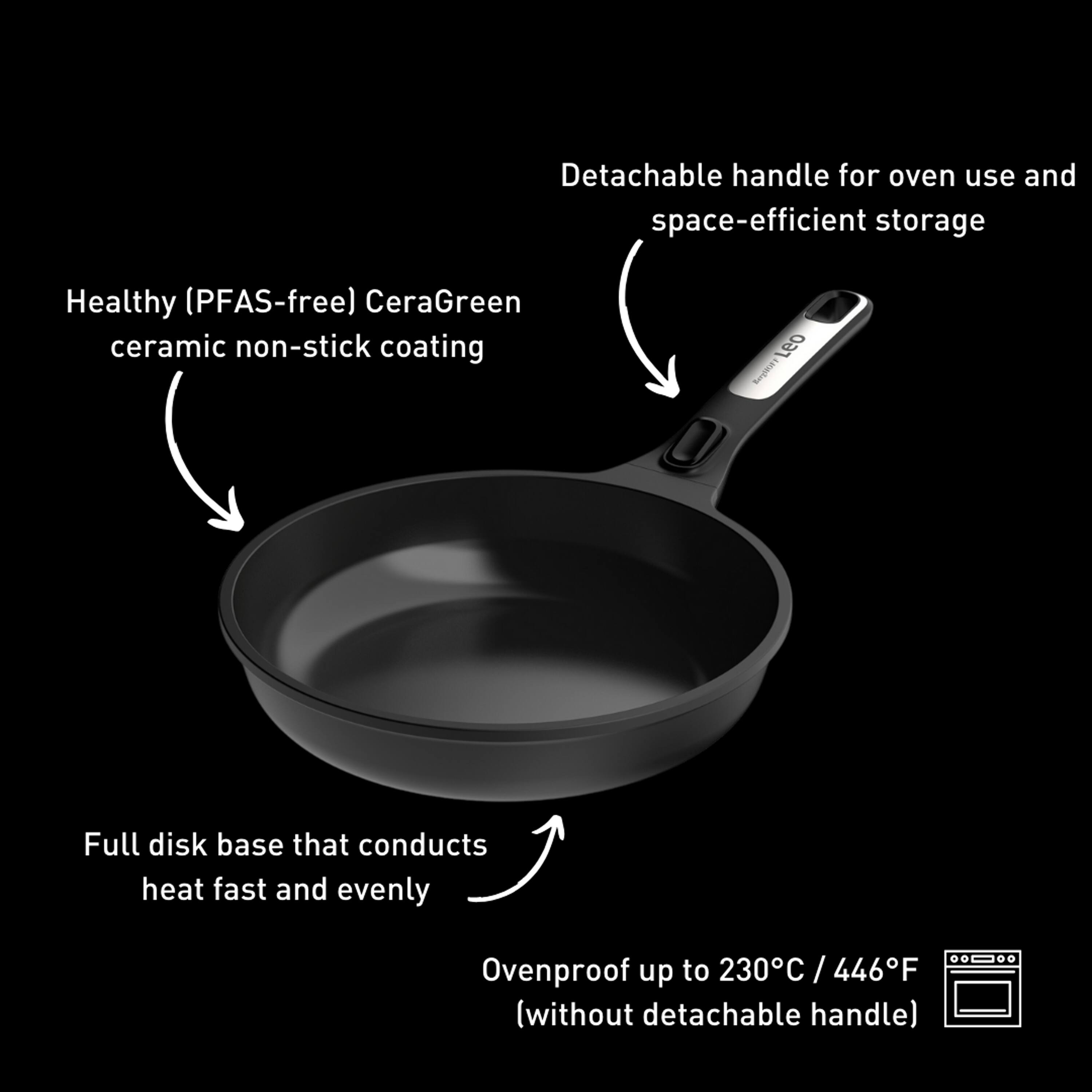 - Detachable handle for oven use and space-efficient storage
- Healthy (PFAS-free) CeraGreen ceramic non-stick coating
- Full disk base that conducts heat fast and evenly
- Ovenproof up to 230°C / 446°F (without detachable handle)
