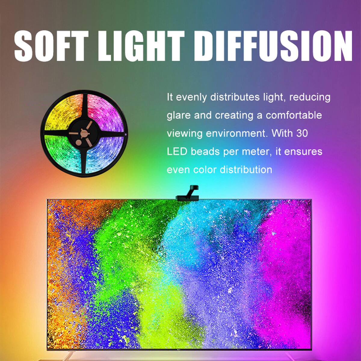 SOFT LIGHT DIFFUSION

It evenly distributes light, reducing glare and creating a comfortable viewing environment. With 30 LED beads per meter, it ensures even color distribution
