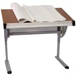 Emma + Oliver - Adjustable Drawing and Drafting Table with Pewter Frame - Cherry