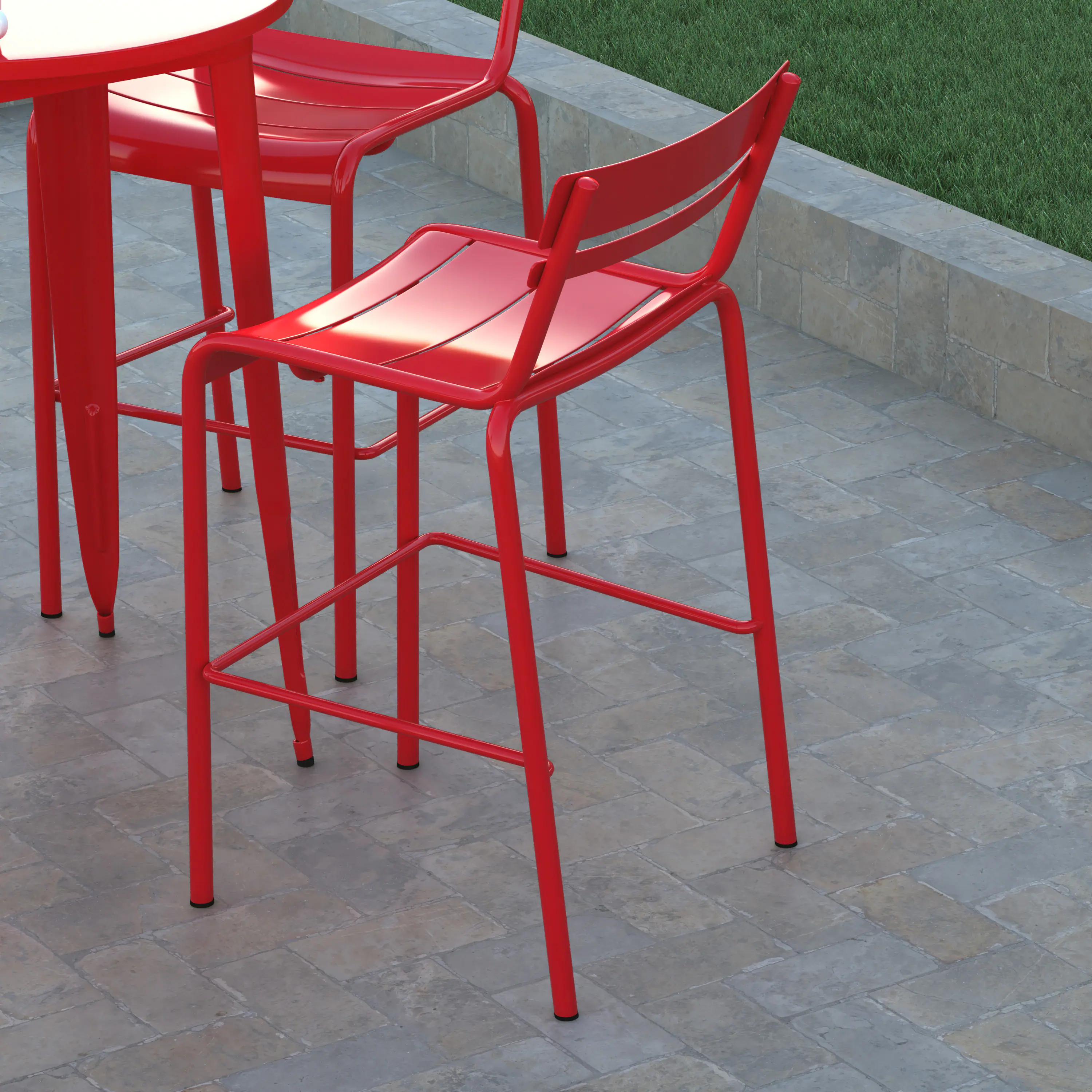 Alt View 5. Emma + Oliver - Rennes Armless Powder Coated Steel Stool with 2 Slat Back for Indoor-Outdoor Use - Red.