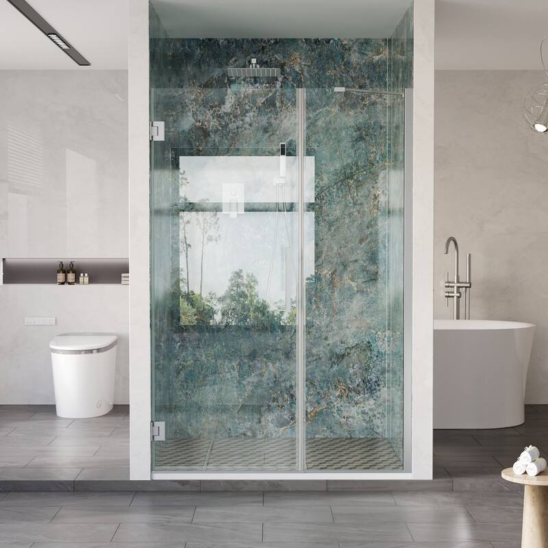 Front. WELLFOR - 49–50 in. W x 72 in. H Frameless Hinged Shower Door with 3/8" Clear Tempered Glass, Reversible Opening - Chrome.