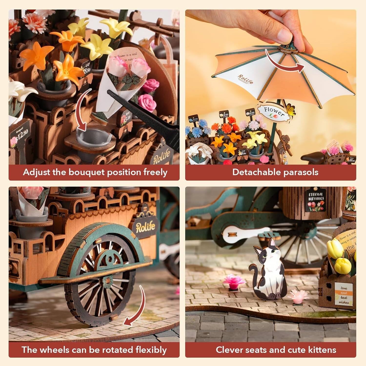 - Adjust the bouquet position freely
- Detachable parasols
- The wheels can be rotated flexibly
- Clever seats and cute kittens