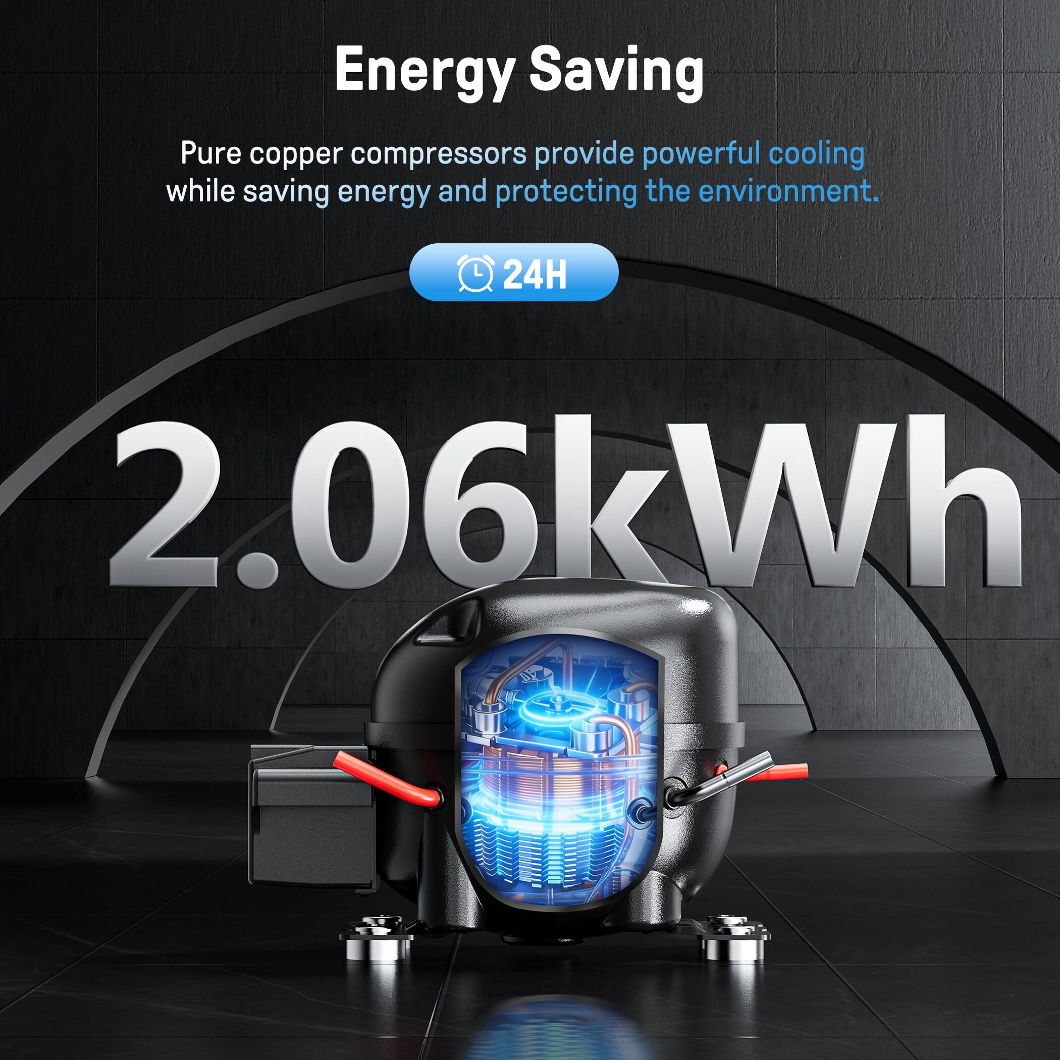 Energy Saving

Pure copper compressors provide powerful cooling while saving energy and protecting the environment.

24H

2.06kWh