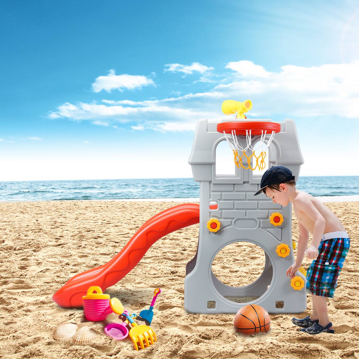 Alt View 4. Costway - Costway Children Climber Slide Set w/ Basketball Hoop and Telescope Toy Indoor & Outdoor - Multicolor.