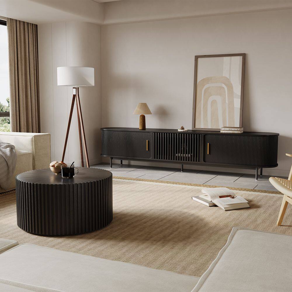 Left. POVISON - 94"Mid-Century Modern Tambour Door TV Stand ,Black - Black.