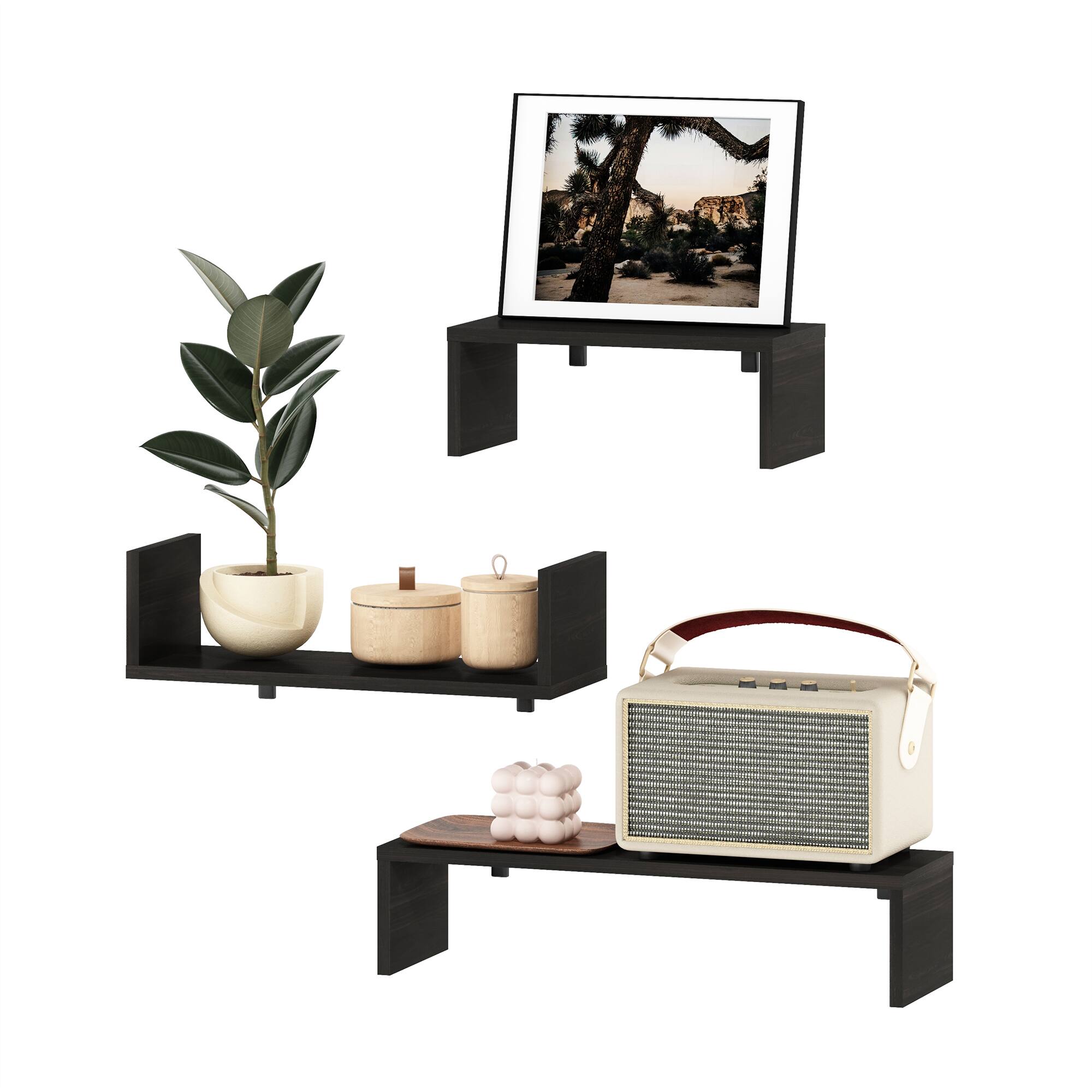 Alt View 4. Furinno - Rossi Bedroom Decor Wall Mounted Floating Display Shelves, Set of 3 - Espresso.