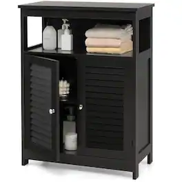 Hivvago - Farmhouse Bathroom Linen Cabinet with Louvered Doors and Open Shelf - Black
