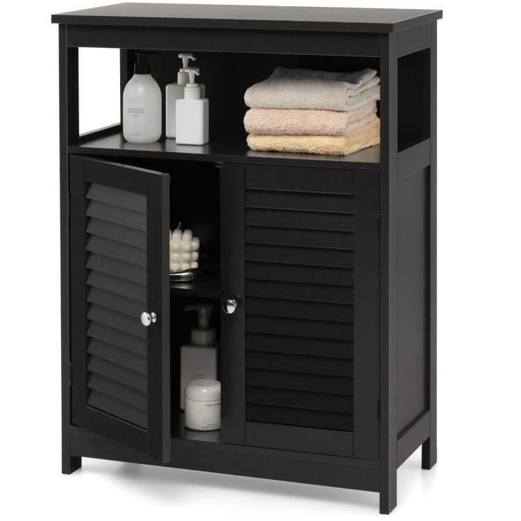 Front. Hivvago - Black Farmhouse Bathroom Linen Cabinet with Louvered Doors and Open Shelf - Black.