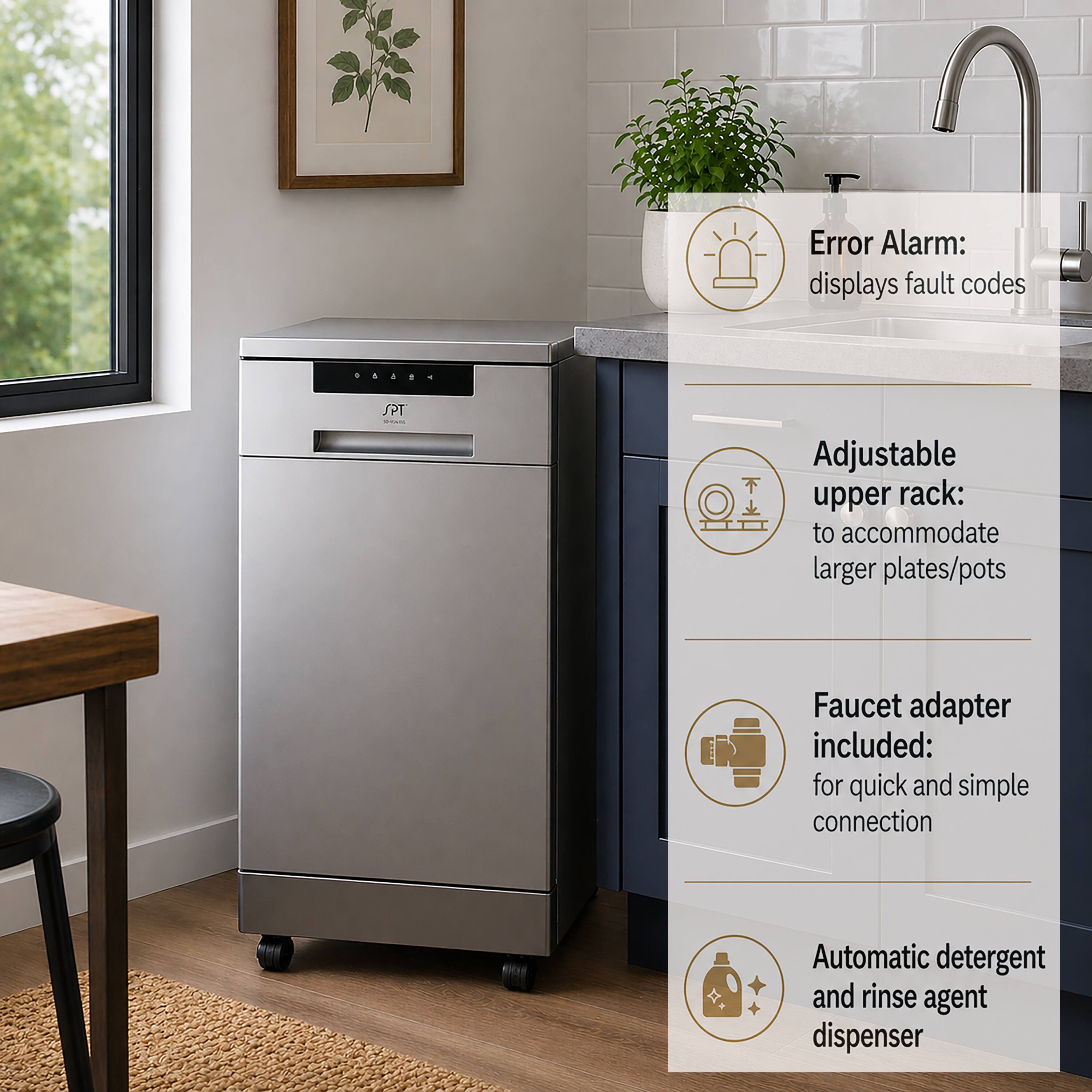 - Error Alarm: displays fault codes
- Adjustable upper rack: to accommodate larger plates/pots
- Faucet adapter included: for quick and simple connection
- Automatic detergent and rinse agent dispenser