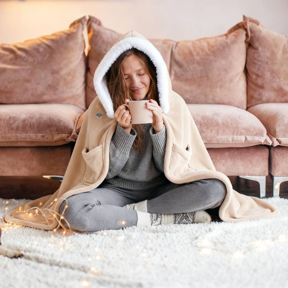 Back. Loheer - Loheer Wearable Heated Throw Blanket Double-Sided Flannel Electric Hoodie Beige - Beige.