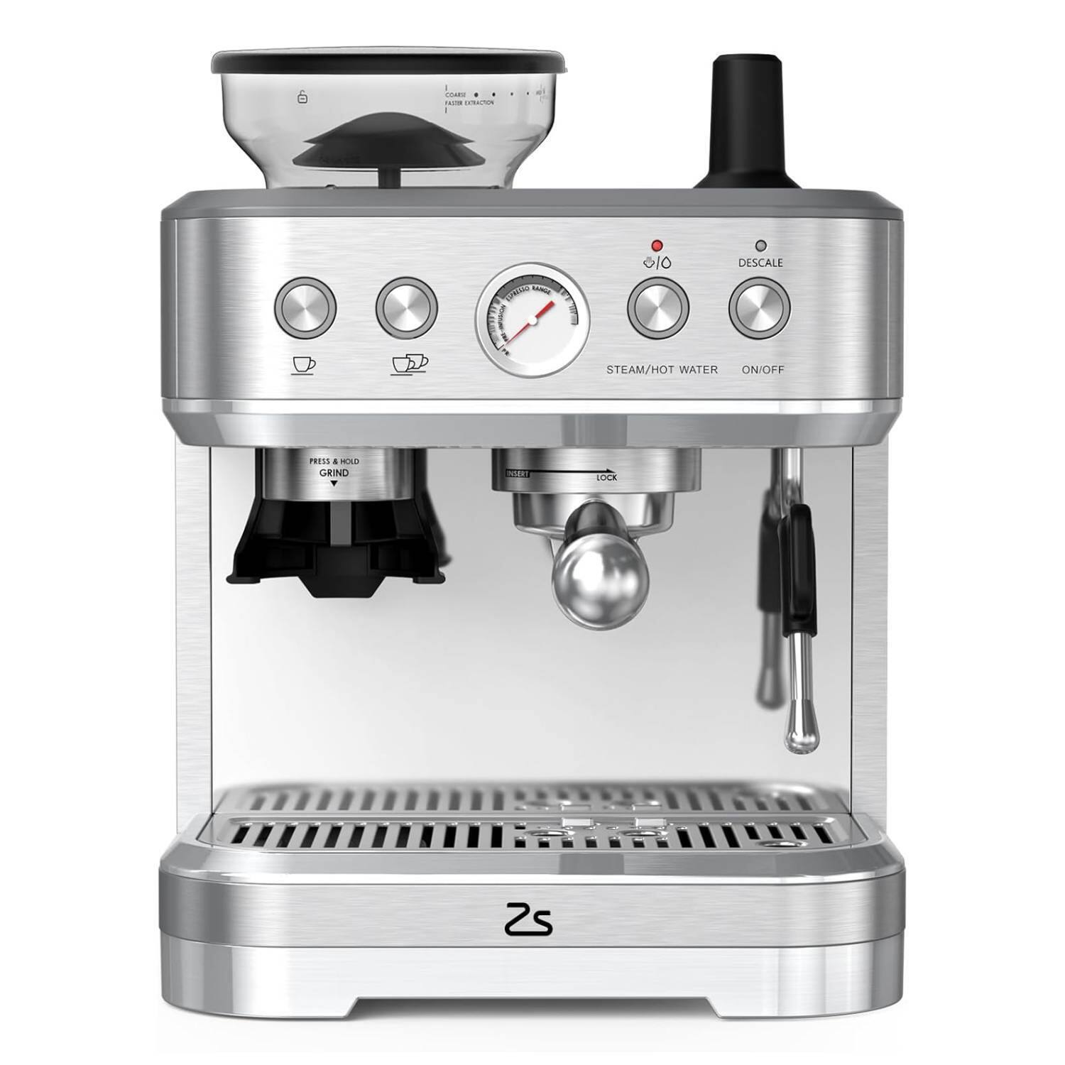 Sure, here is the corrected and grouped text from the image:
- COMPACT
- FASTER EXTRACTION
- STEAM/HOT WATER
- ON/OFF
- DESCALING
- PRESS & HOLD
- GRIND
- LOCK
- 2S