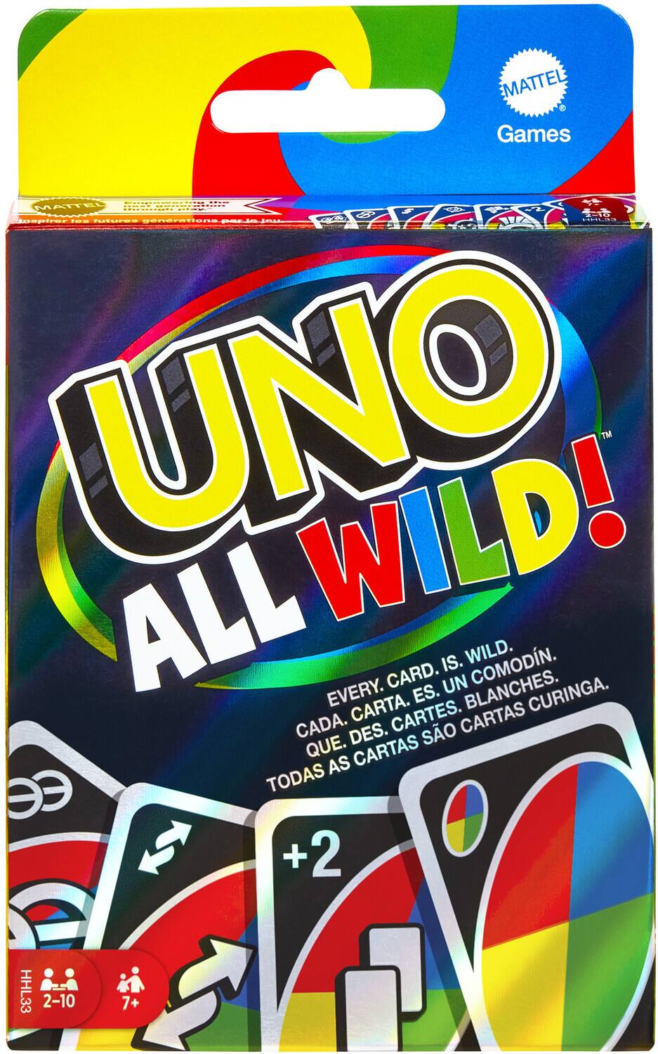 MATTEL Games  
UNO ALL WILD!  
Every card is wild.  
Cada carta es un comodín.  
Todas as cartas são cartas curinga.  
+2  
2-10  
7+