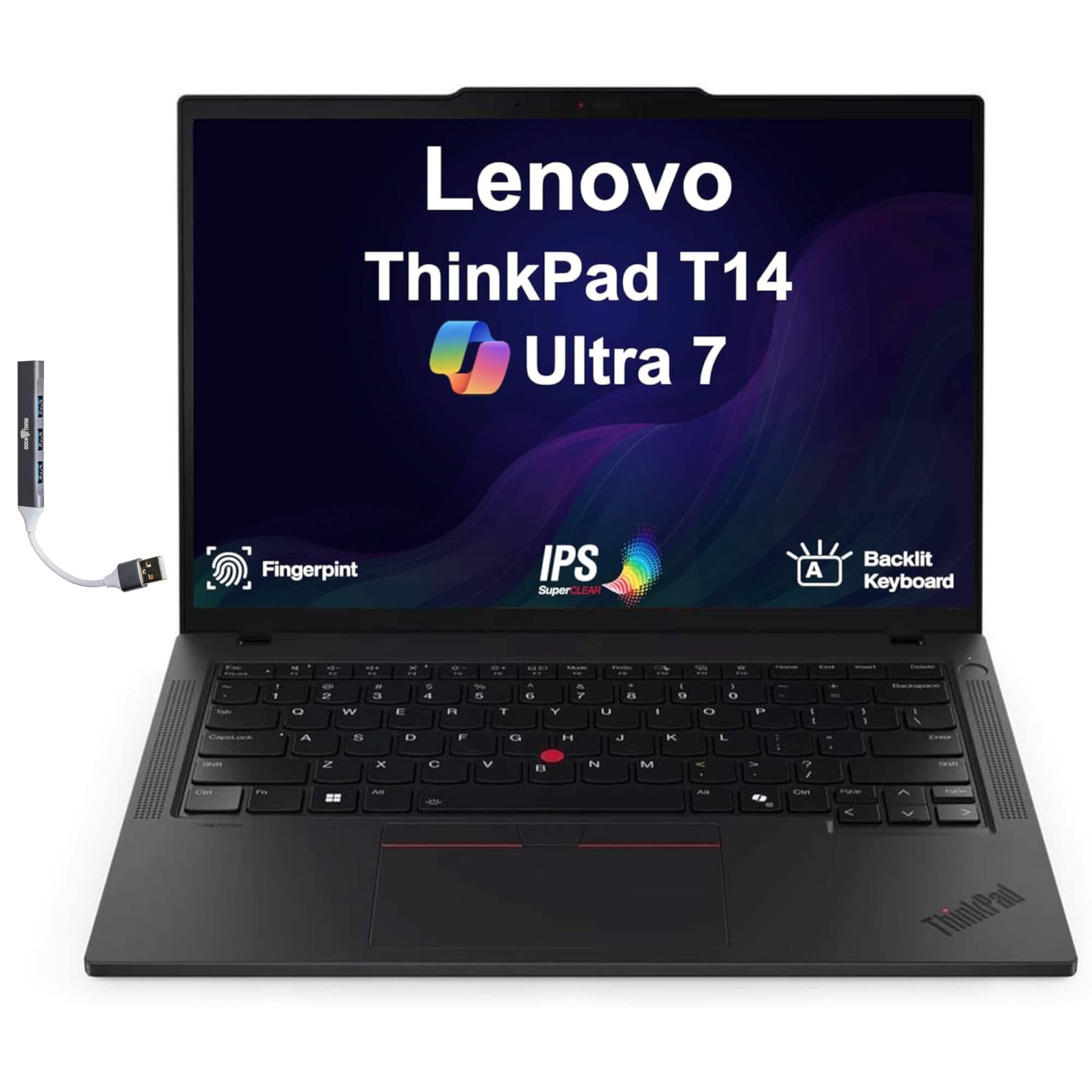 Lenovo - ThinkPad T14 Laptop 14.0 WUXGA Display (Ultra 7-255U, 64GB, 4TB SSD, Integrated Graphics, Win 11 Pro) w/USB Hub