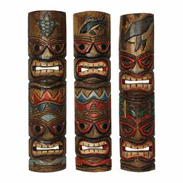 Zeckos - Set of 3 Double Tiki Mask Ocean Totem Hand Carved Wall Decor Sculpture 24 Inch - Multicolored