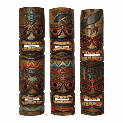 Front. Zeckos - Set of 3 Double Tiki Mask Ocean Totem Hand Carved Wall Decor Sculpture 24 Inch - Multicolored.