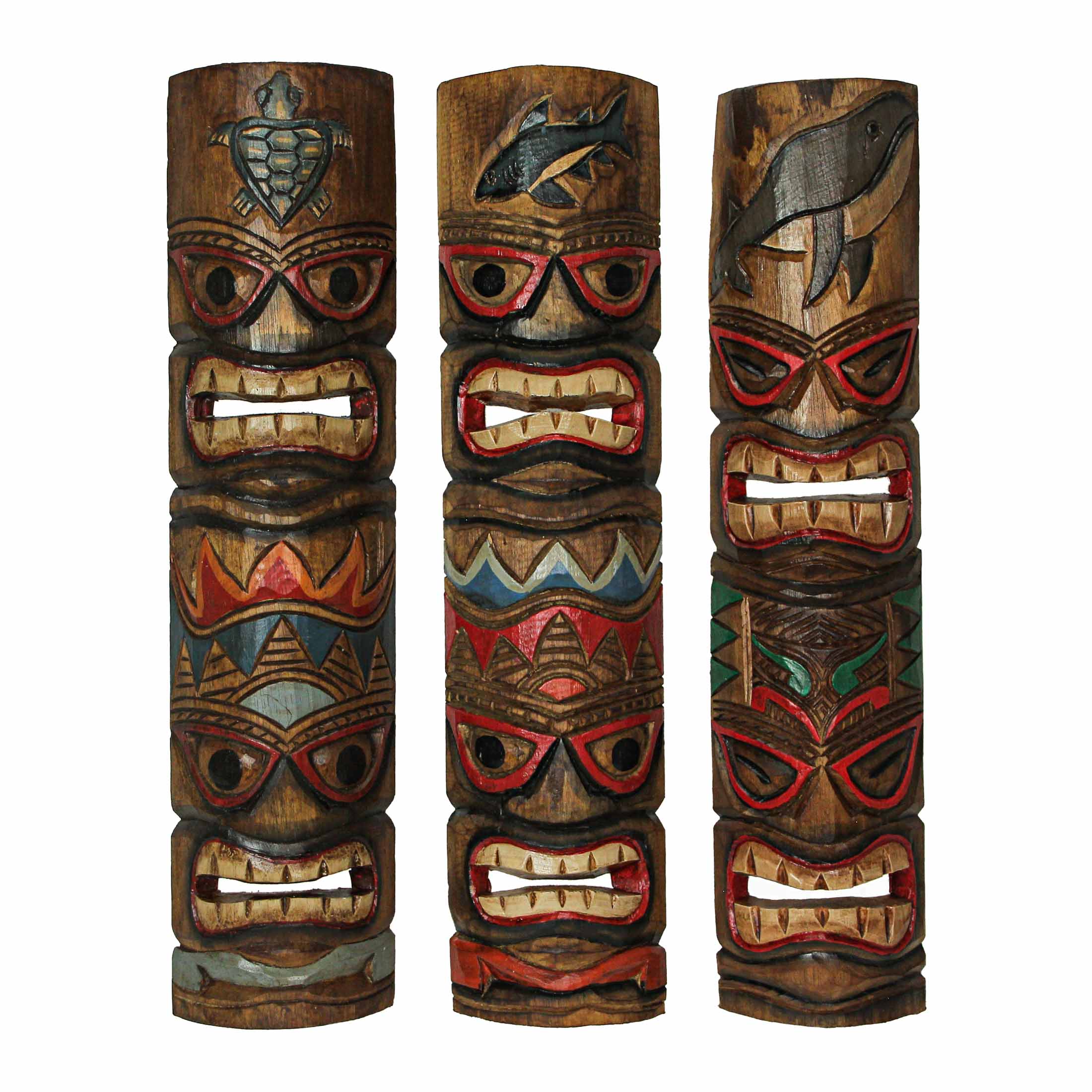 Front. Zeckos - Set of 3 Double Tiki Mask Ocean Totem Hand Carved Wall Decor Sculpture 24 Inch - Multicolored.