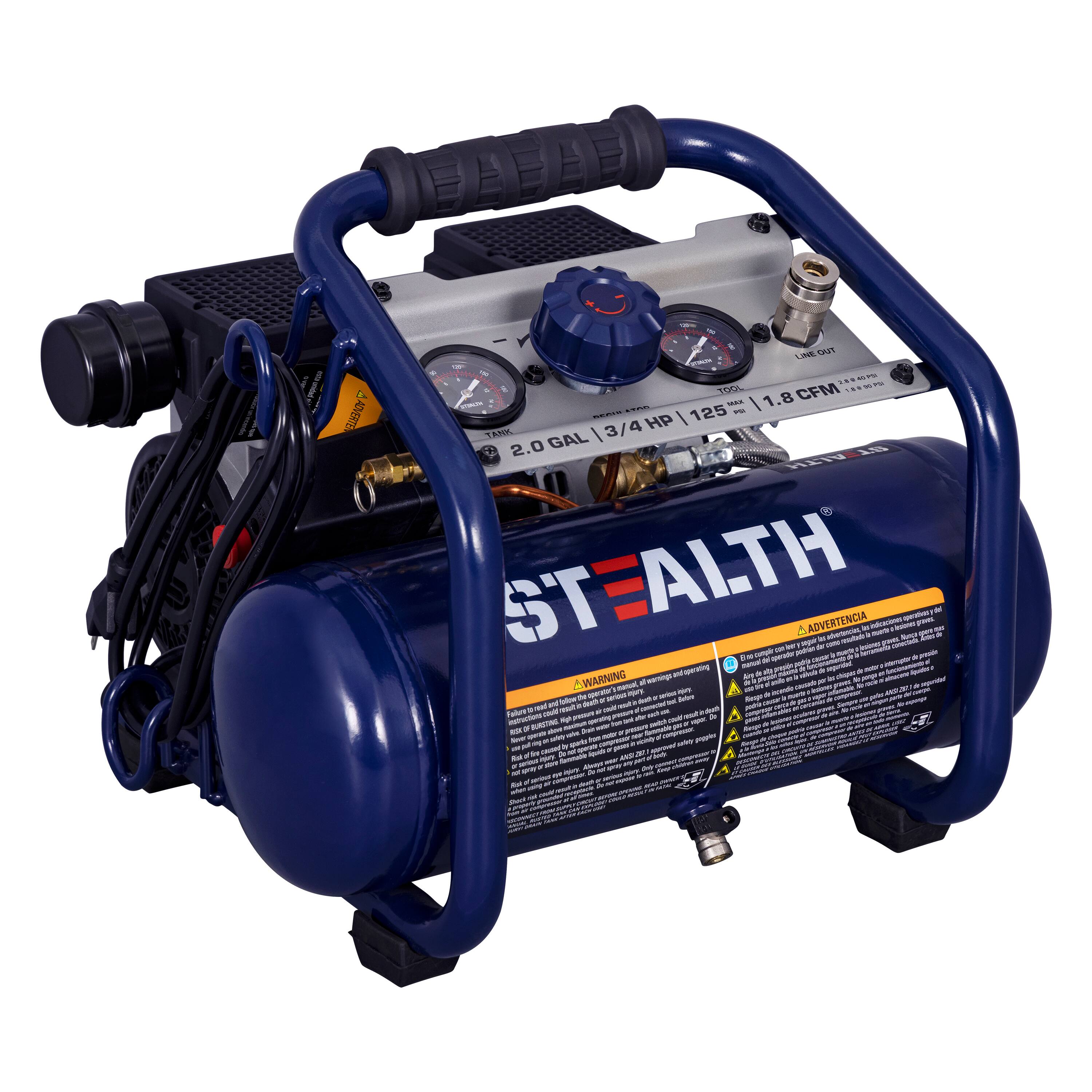 ADVERTENCIA  
WARNING  

1.8 CFM  
1/2 HP  
125  
2.0 GAL  

TANK  

STEALTH