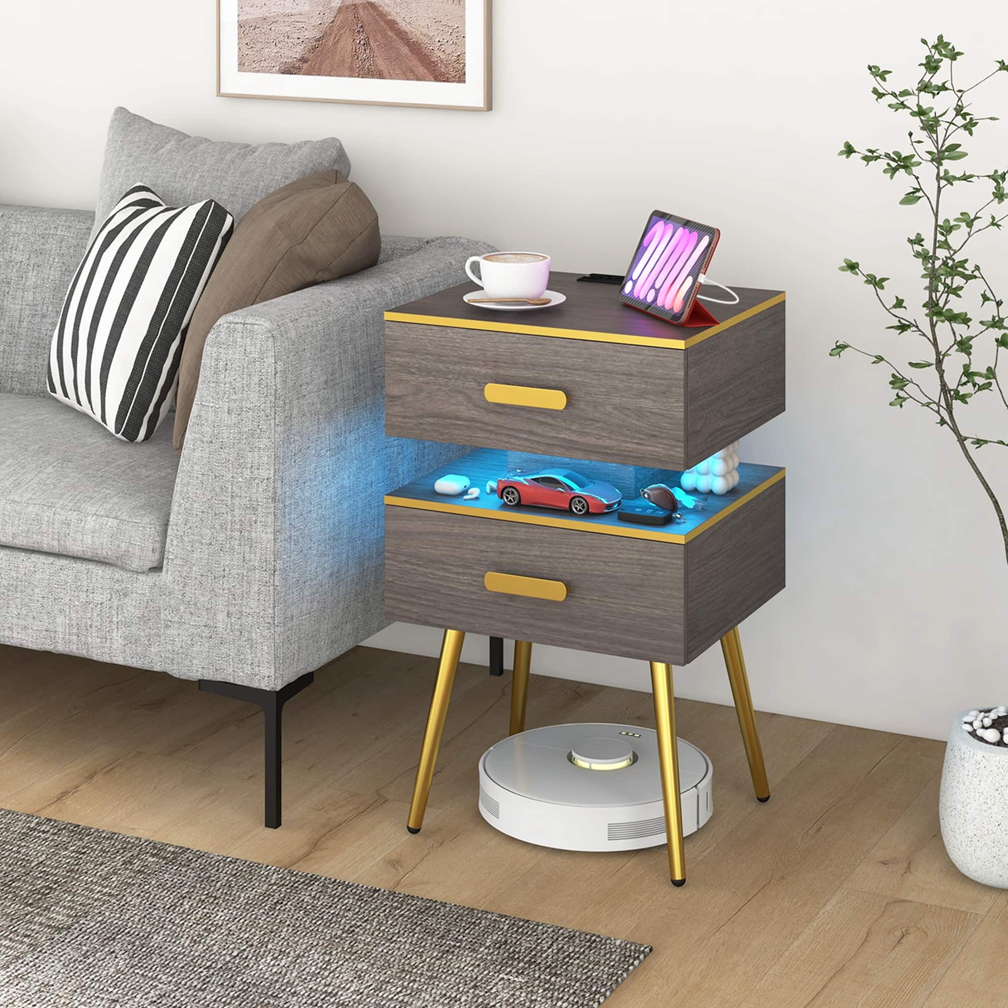 Back. Costway - 1 PCS Nightstand with Charging Station Bedside Sofa Side Tables with 2 Drawers - Grey + Gold.