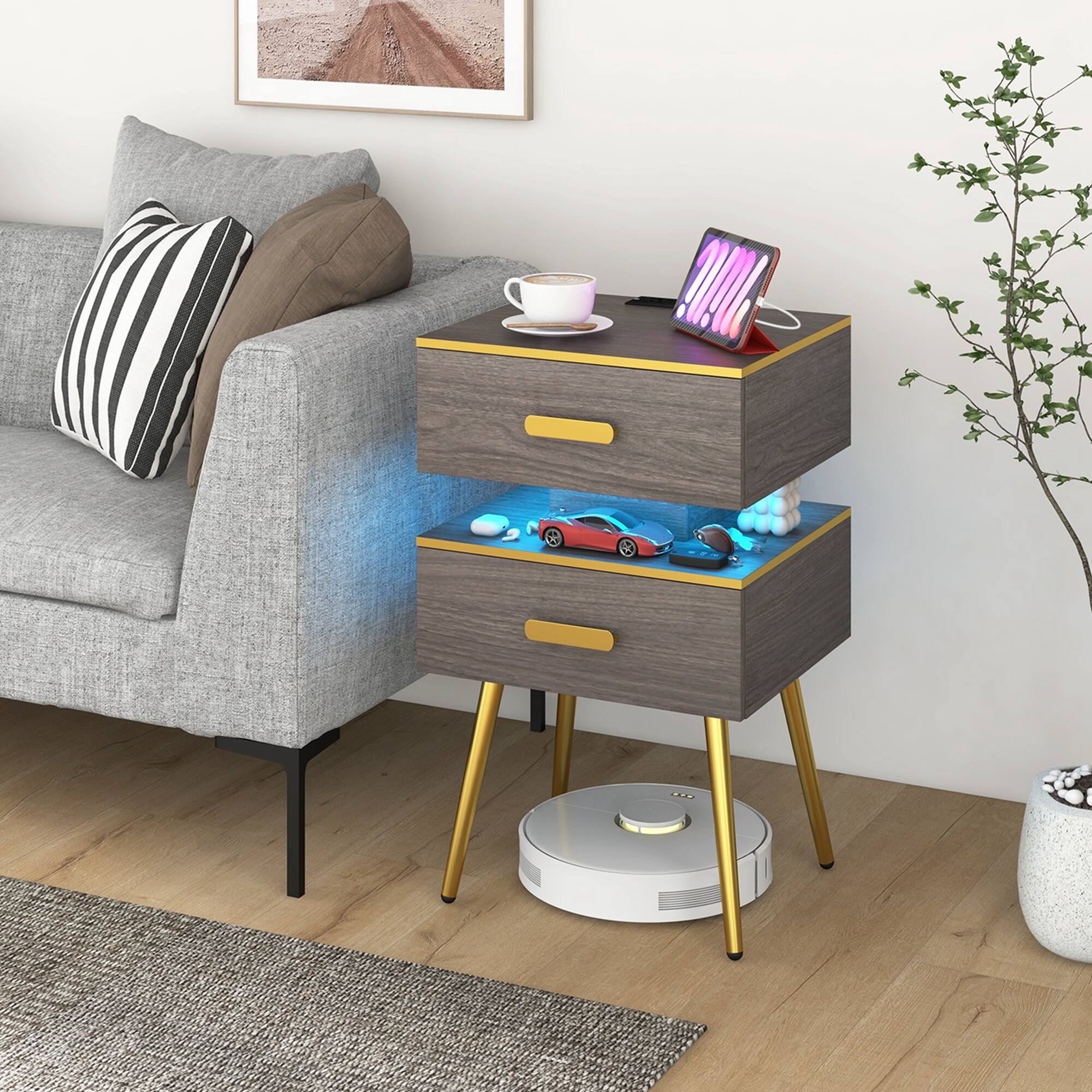 Back. Costway - 1 PCS Nightstand with Charging Station Bedside Sofa Side Tables with 2 Drawers - Grey + Gold.