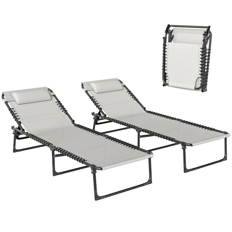 Front. PULUZ - 2 Folding Chaise Lounge Pool Chairs with 4-Position Reclining Back, Pillow, Breathable Mesh & Bungee Seat - Cream White.