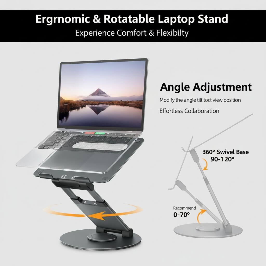 Ergonomic & Rotatable Laptop Stand  
Experience Comfort & Flexibility  

Angle Adjustment  
Modify the angle tilt to optimal view position  
Effortless Collaboration  

360° Swivel Base  
90-120°  

Recommend  
0-70°