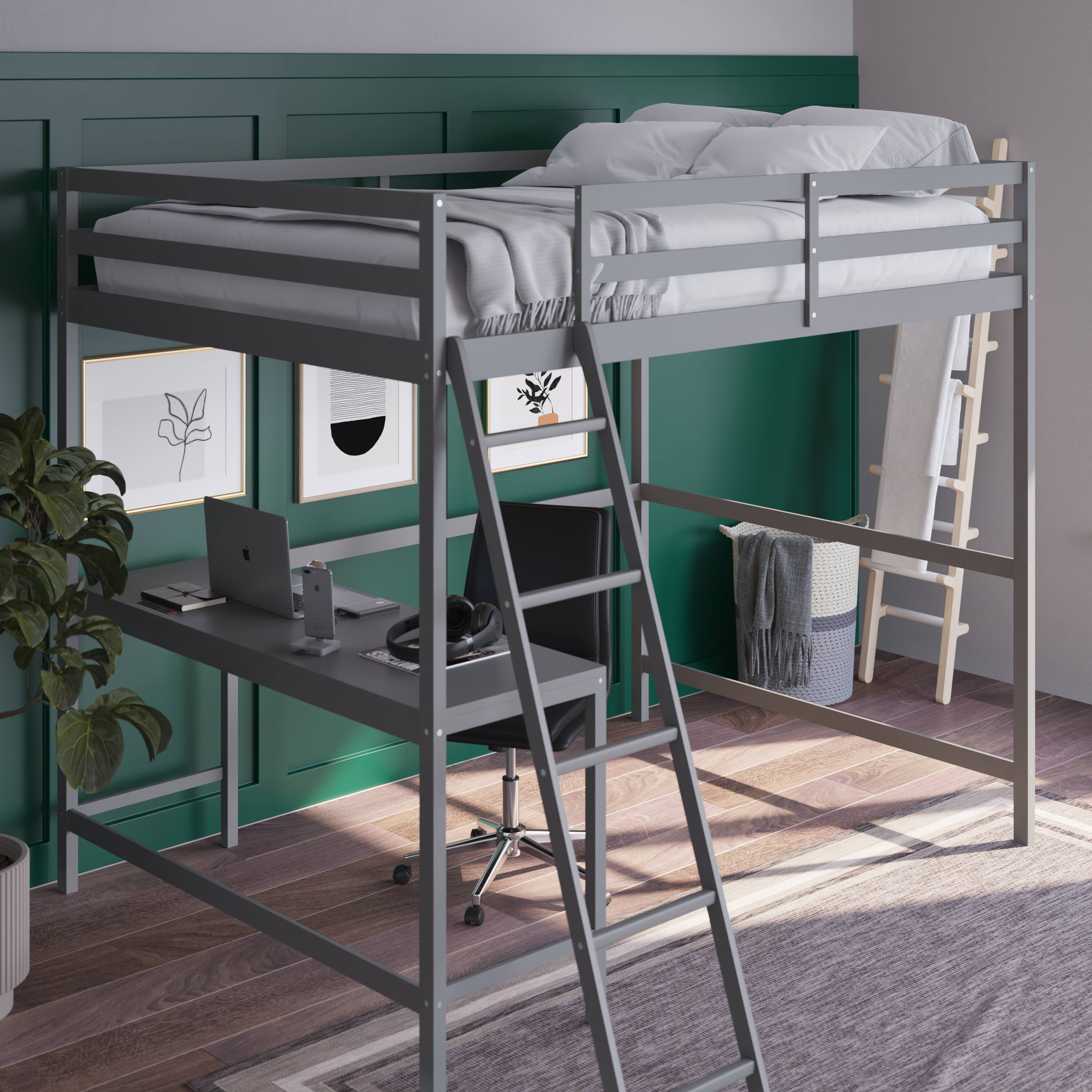 Alt View 4. Emma + Oliver - Wooden Loft Bed Frame with Integrated Desk and Ladder - Light Gray.