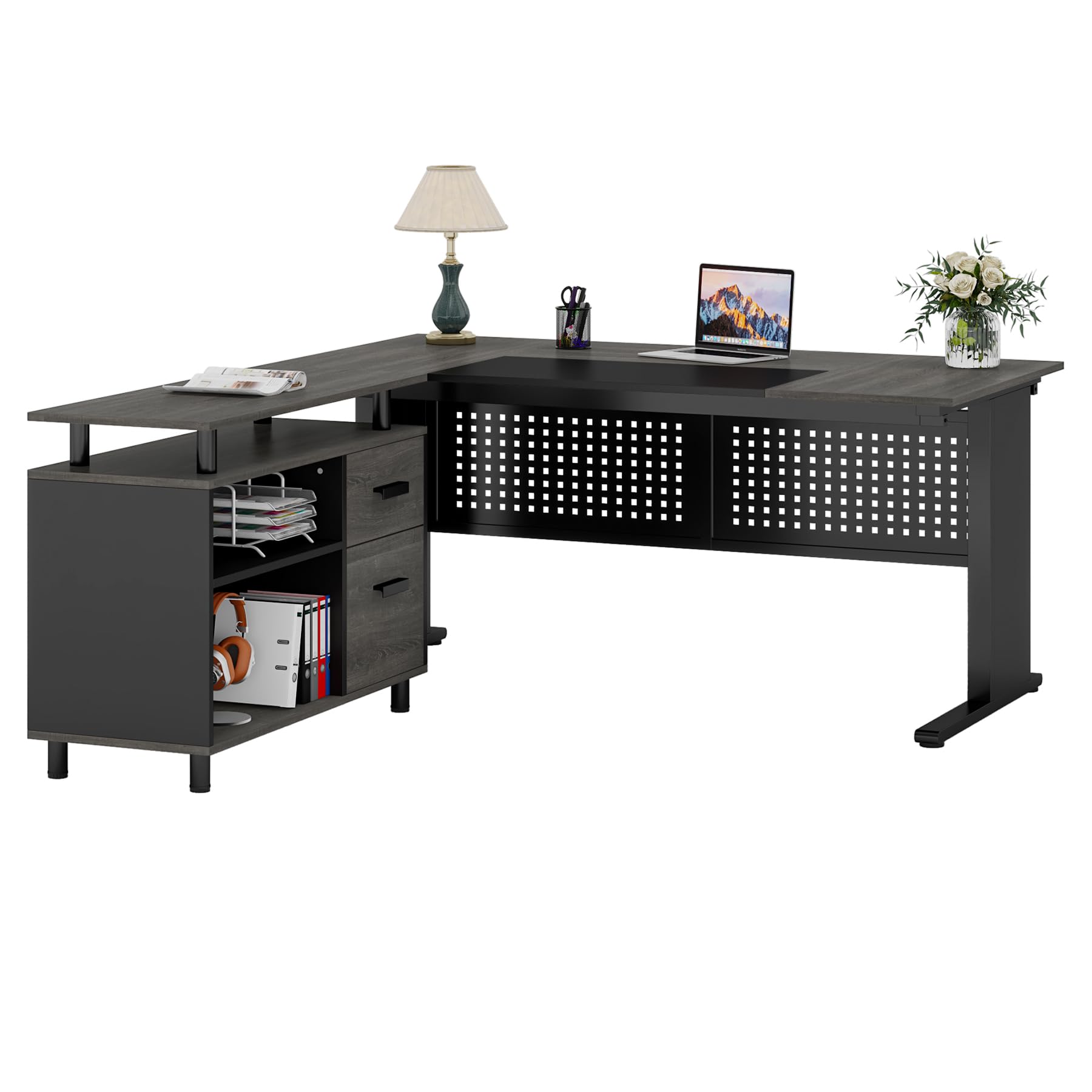 Alt View 5. Tribesigns - 63 Inch Executive Desk with File Cabinet, L Shaped Office Desk with Drawers and Storage Shelves, Business Furniture Set - Gray and Black.