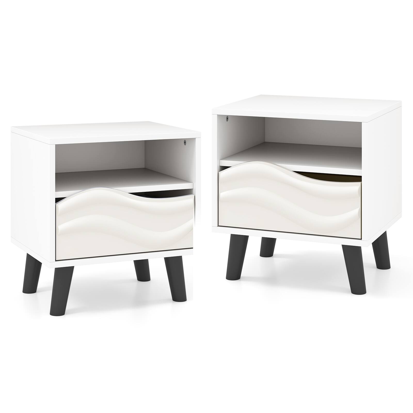 Alt View 9. Gymax - Gymax 2PCS Nightstand w/Drawer 3D Wavy Pattern Open Shelf Small Sofa Couch Side Table - White, Black.