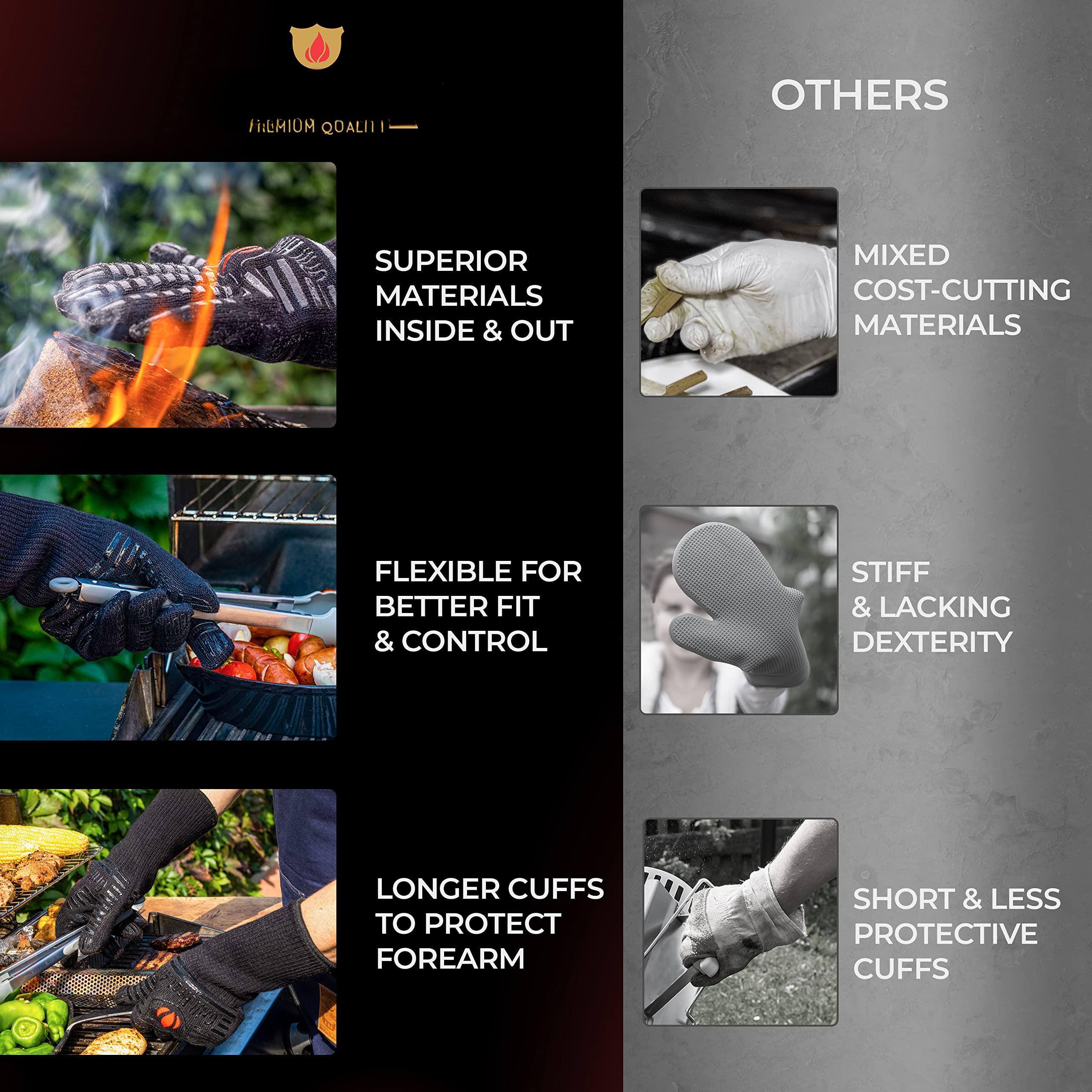 **HIMIUM QUALITY**

- **SUPERIOR MATERIALS INSIDE & OUT**
- **FLEXIBLE FOR BETTER FIT & CONTROL**
- **LONGER CUFFS TO PROTECT FOREARM**

**OTHERS**

- **MIXED COST-CUTTING MATERIALS**
- **STIFF & LACKING DEXTERITY**
- **SHORT & LESS PROTECTIVE CUFFS**