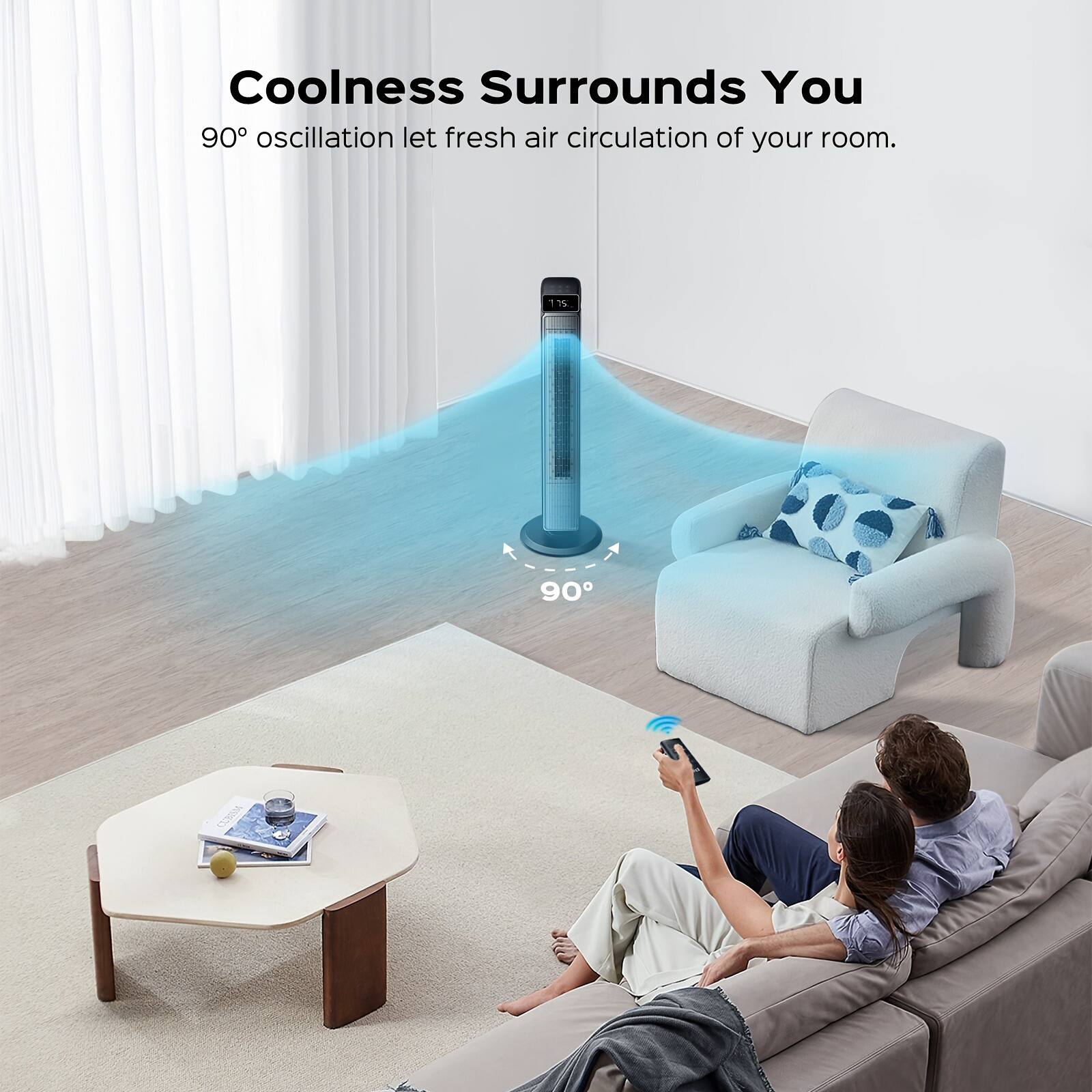 Coolness Surrounds You  
90° oscillation let fresh air circulation of your room.