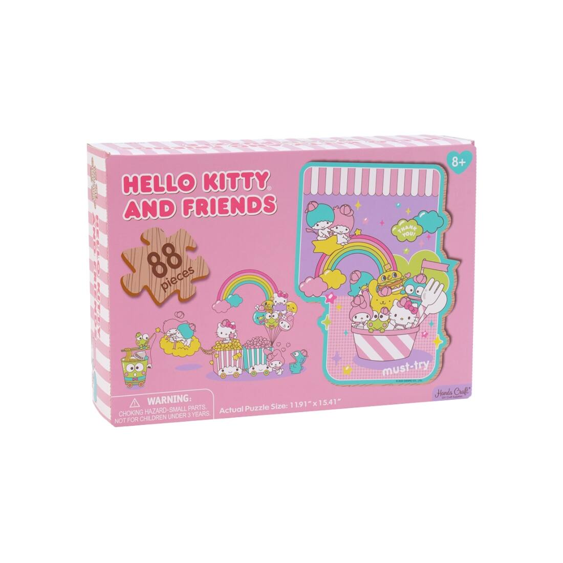 HELLO KITTY AND FRIENDS  
88 pieces  

WARNING: CHOKING HAZARD - SMALL PARTS. NOT FOR CHILDREN UNDER 3 YEARS.  

Actual Puzzle Size: 11.91" x 15.41"  

8+  

must-try  
Hands Craft