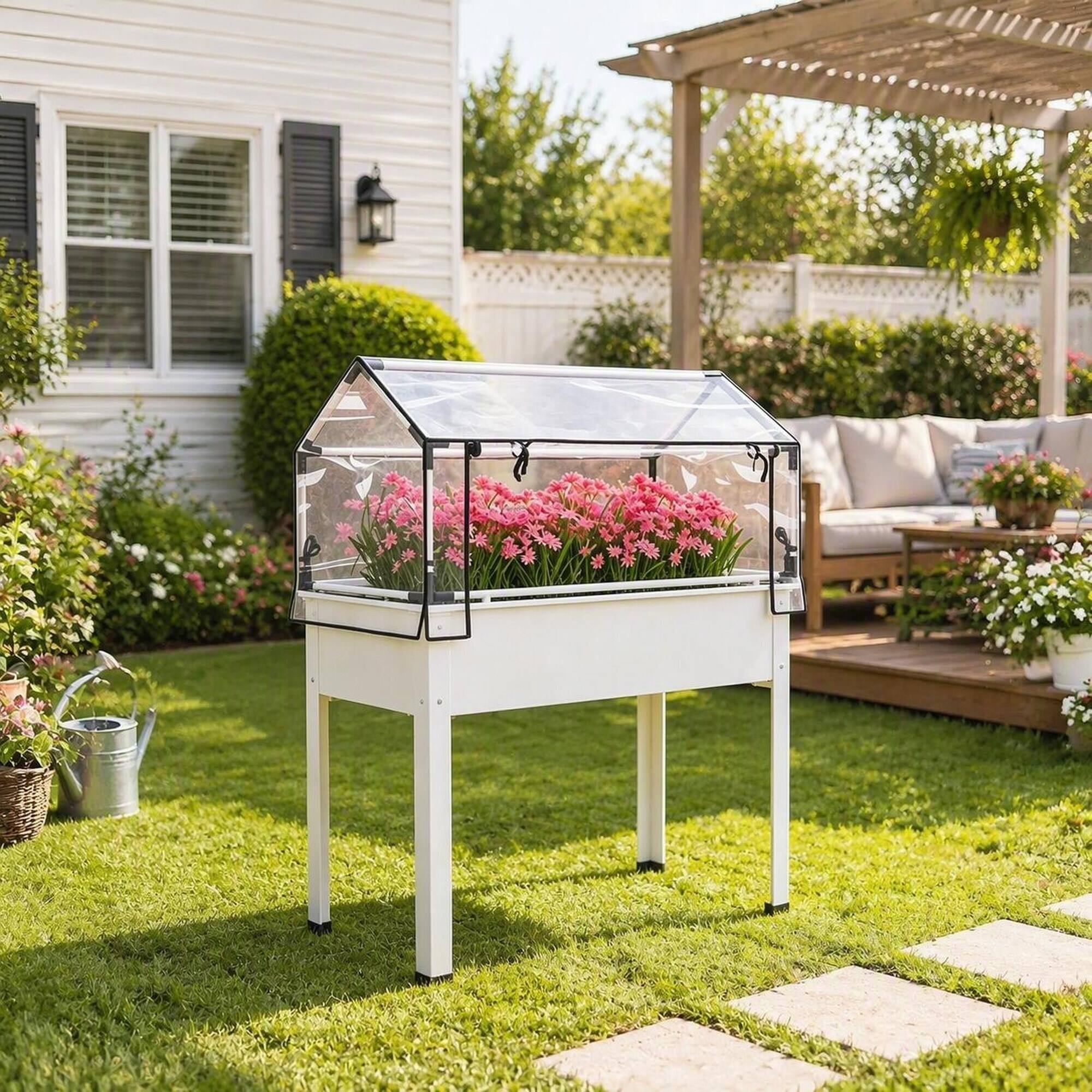 Alt View 1. RYHNUYNE - Raised Garden Bed with Greenhouse Cover, Elevated Tall Planter Box, White Powder-Coated Metal Frame - White.