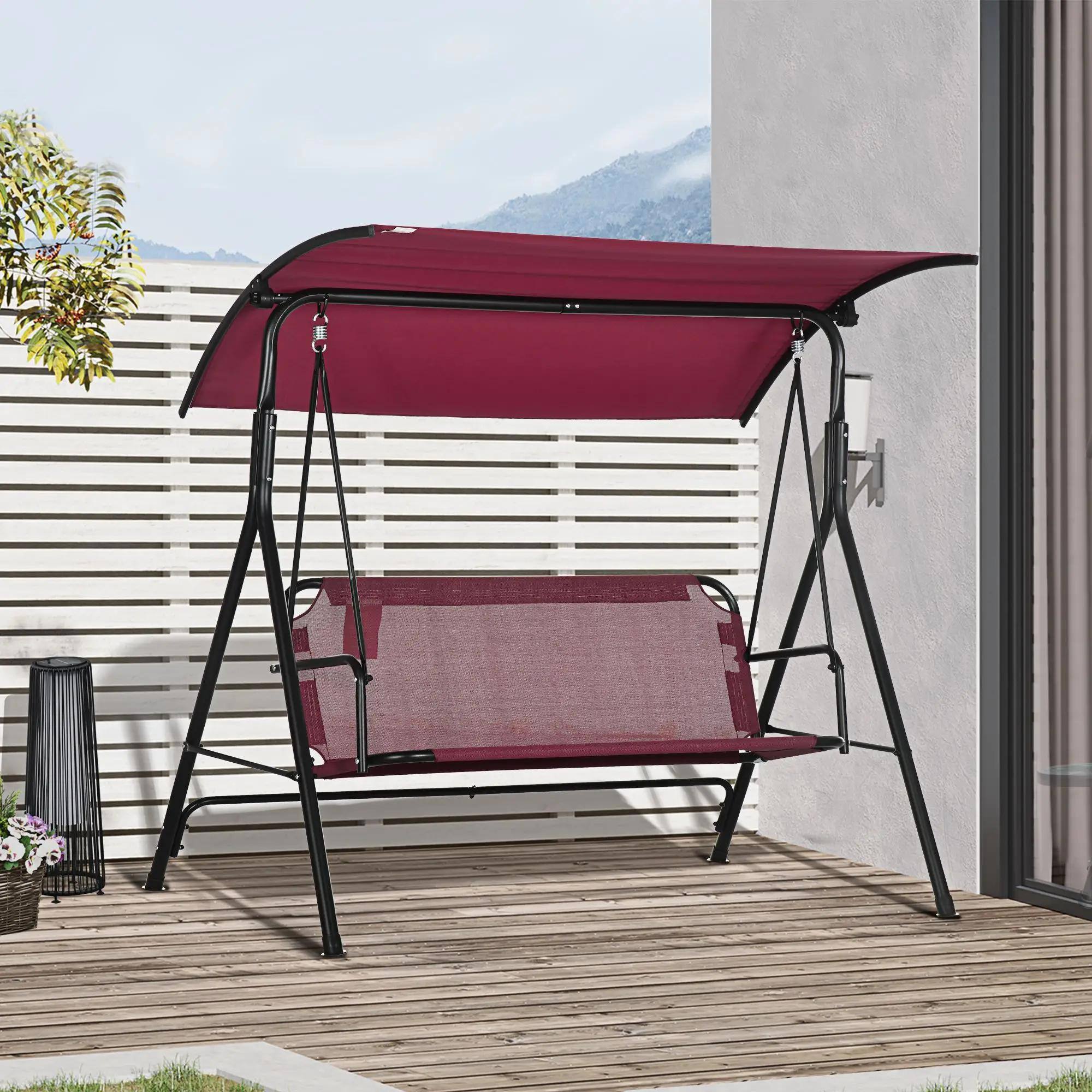 Alt View 1. Resenkos - Resenkos 3-Person Swing Set, Outdoor Patio Swing With Tilt Canopy, Steel Frame Bench Seat, Wine Red.
