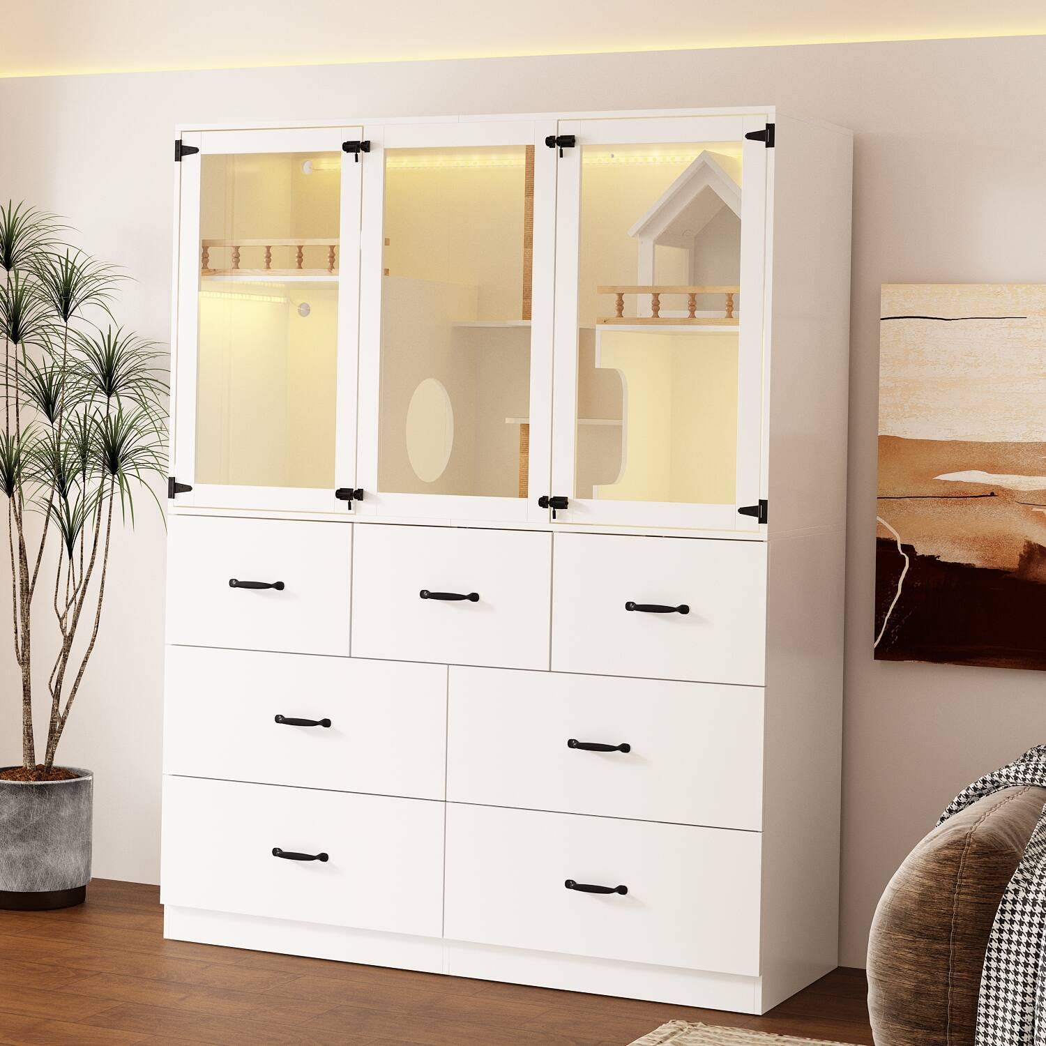 Front. Famapy - Large Multi-Level Cat Cabinet with Hidden Litter Box, Climbing Tower, Scratching Posts & Storage Luxury Cat Furniture.