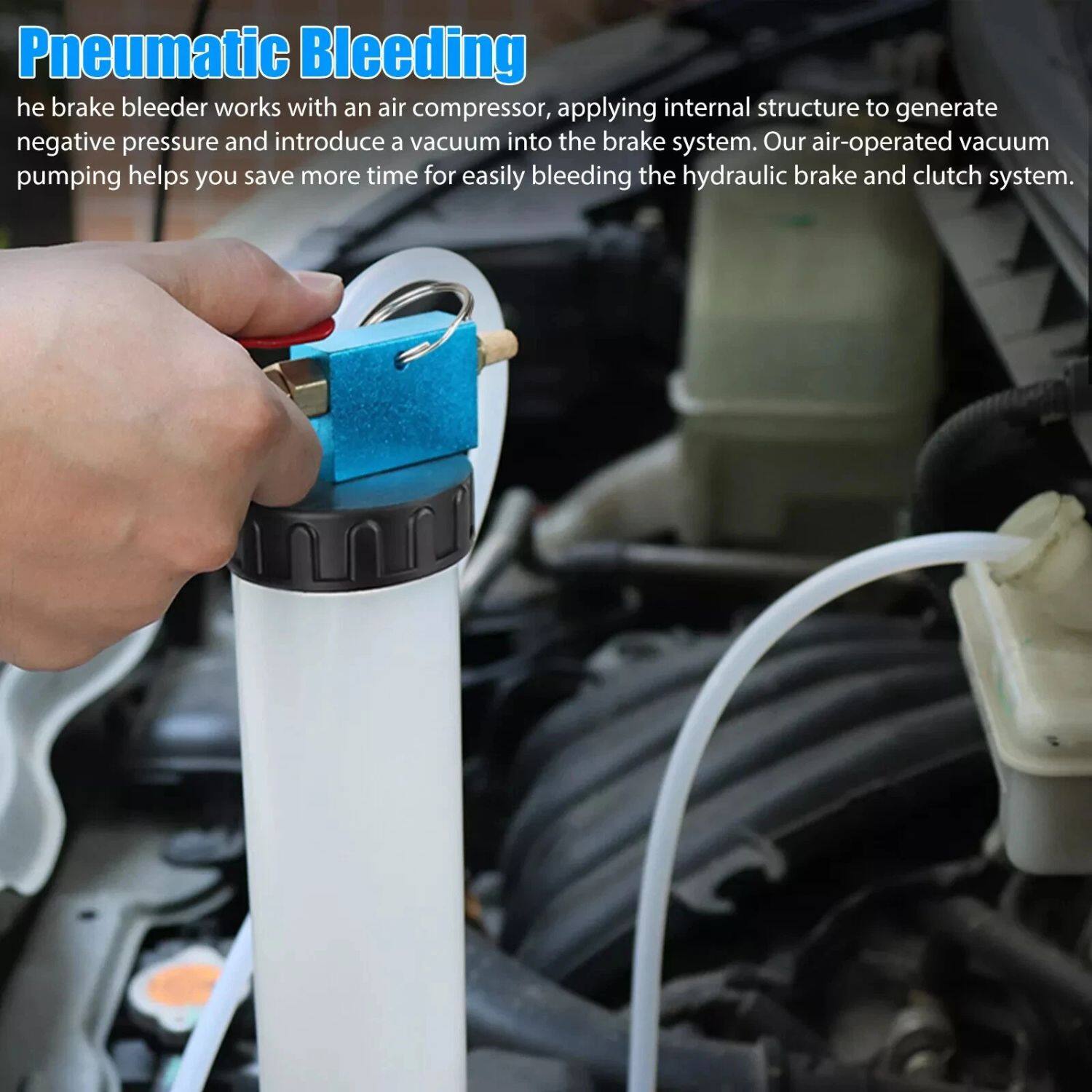 Pneumatic Bleeding

The brake bleeder works with an air compressor, applying internal structure to generate negative pressure and introduce a vacuum into the brake system. Our air-operated vacuum pumping helps you save more time for easily bleeding the hydraulic brake and clutch system.