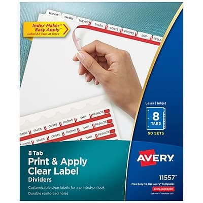 **Index Maker Easy Apply Label**

- **PROFIT SHARE TREND**
- **SALES**
- **COSTS**
- **PROMO**
- **SHIP**
- **RESULTS**

**8 Tab Print & Apply Clear Label Dividers**

- **Customizable clear labels for a printed-on look**
- **Durable reinforced holes**
- **8 TABS**
- **50 SETS**

**AVERY 11557**

- **Laser | Inkjet**
- **Free Ear-Te-Use Avery Templates**
- **avery.com/print**

**Avery Templates Available at Avery.com/print**