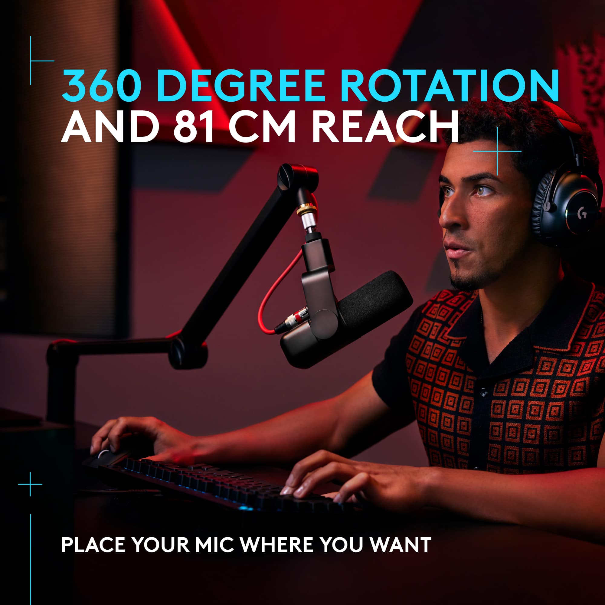 The text on the image reads: "360 DEGREE ROTATION AND 81 CM REACH PLACE YOUR MIC WHERE YOU WANT."