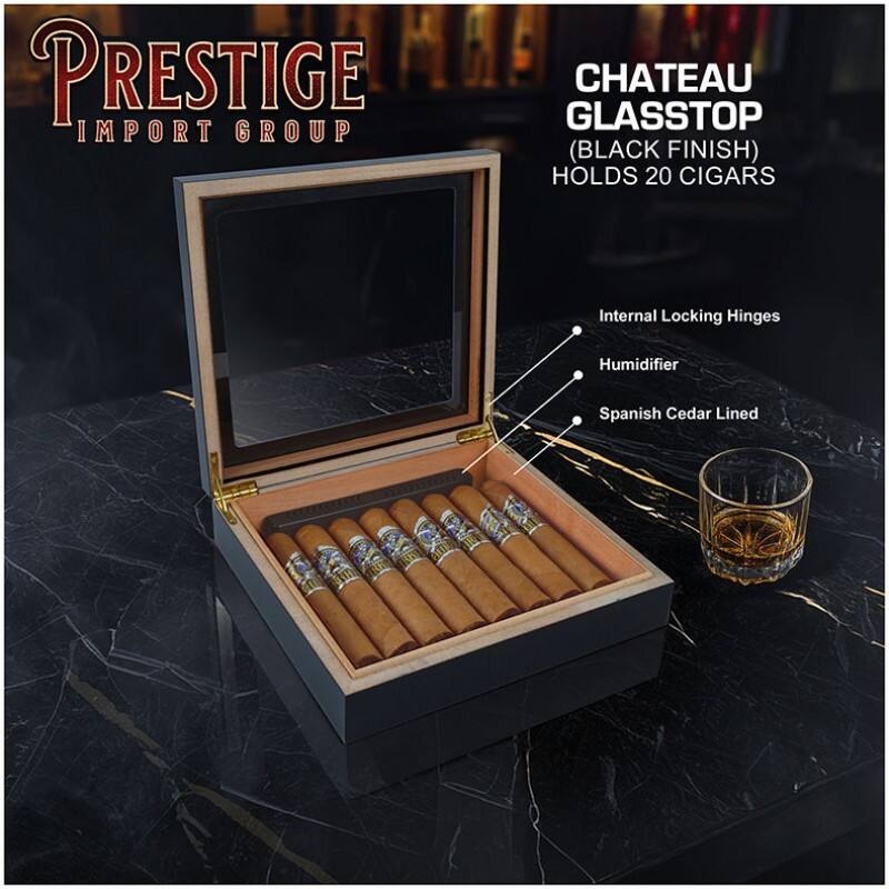PRESTIGE IMPORT GROUP

CHATEAU GLASSTOP (BLACK FINISH) HOLDS 20 CIGARS

- Internal Locking Hinges
- Humidifier
- Spanish Cedar Lined