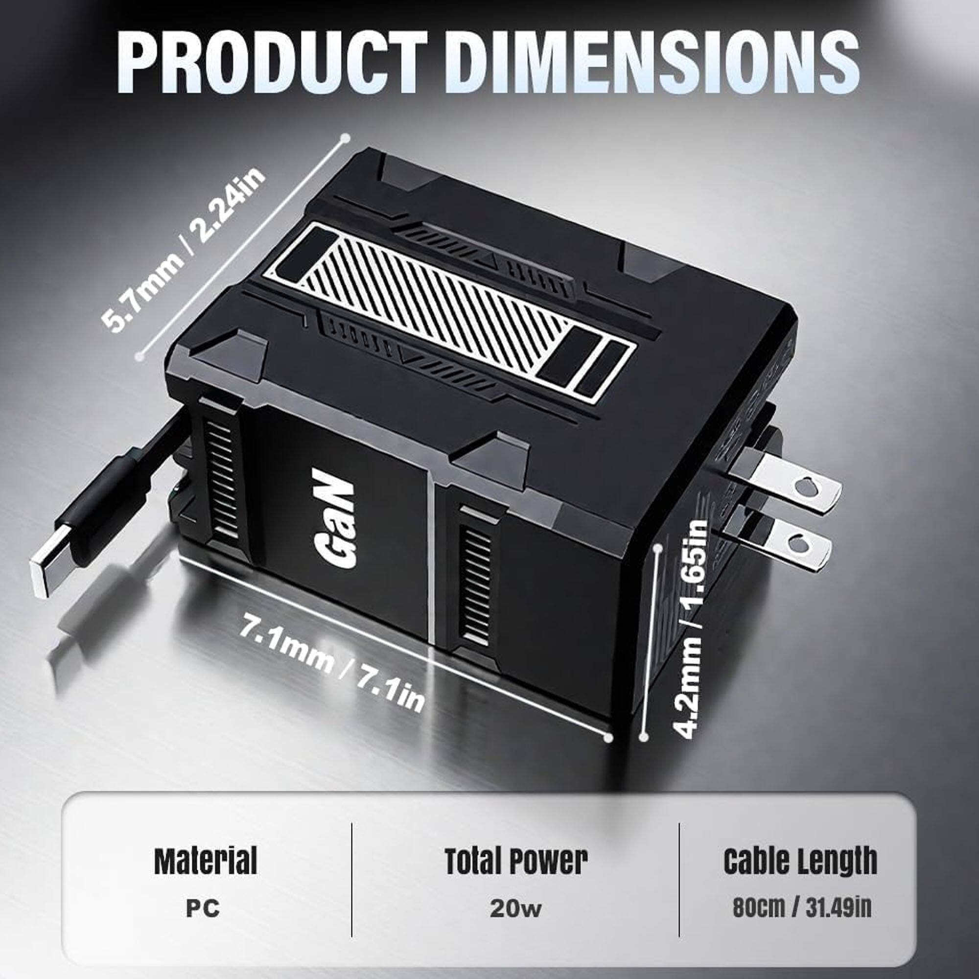 PRODUCT DIMENSIONS

- 5.7mm / 2.24in
- 7.1mm / 7.1in
- 4.2mm / 1.65in

Material: PC

Total Power: 20w

Cable Length: 80cm / 31.49in