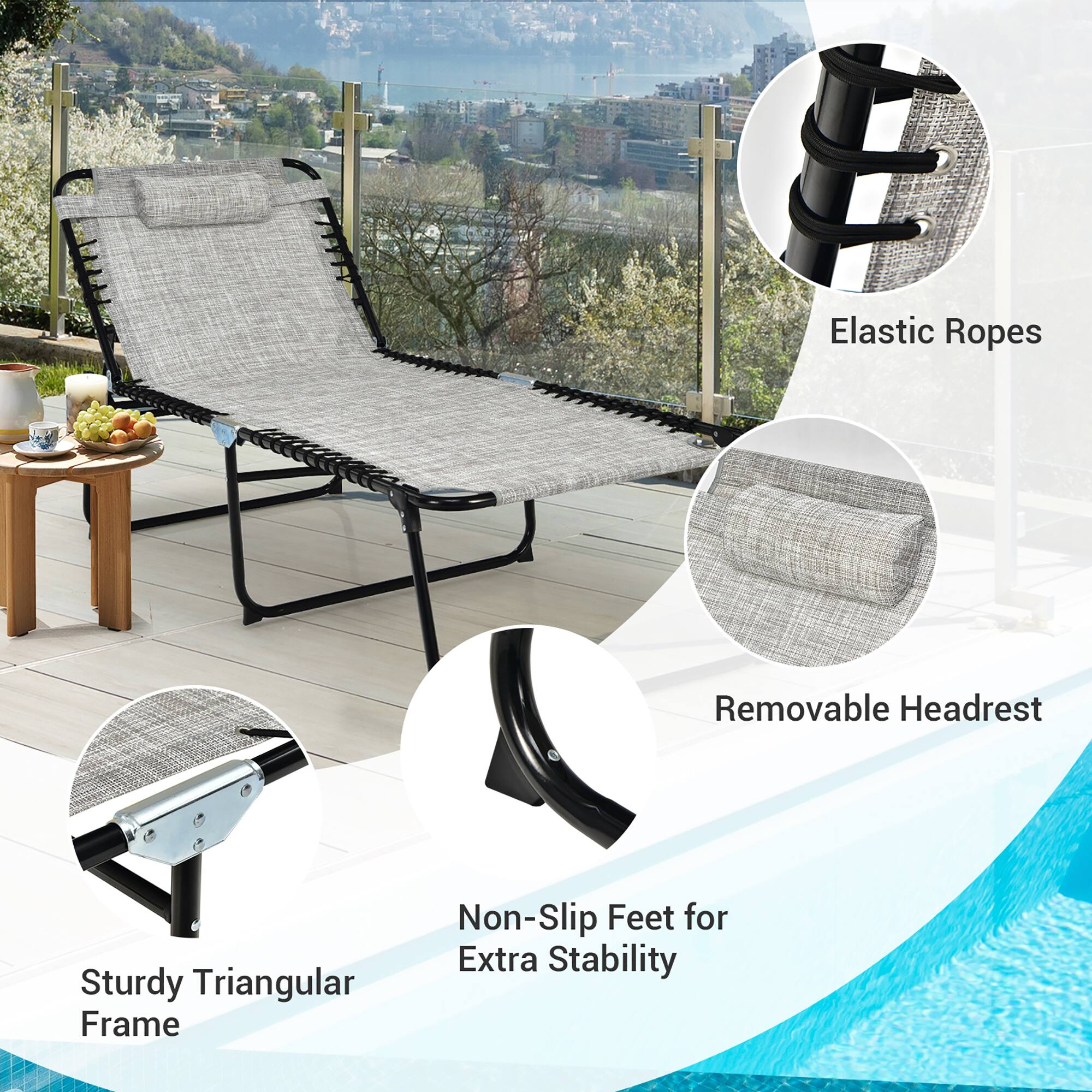 Elastic Ropes, Removable Headrest, Sturdy Triangular Frame, Non-Slip Feet for Extra Stability