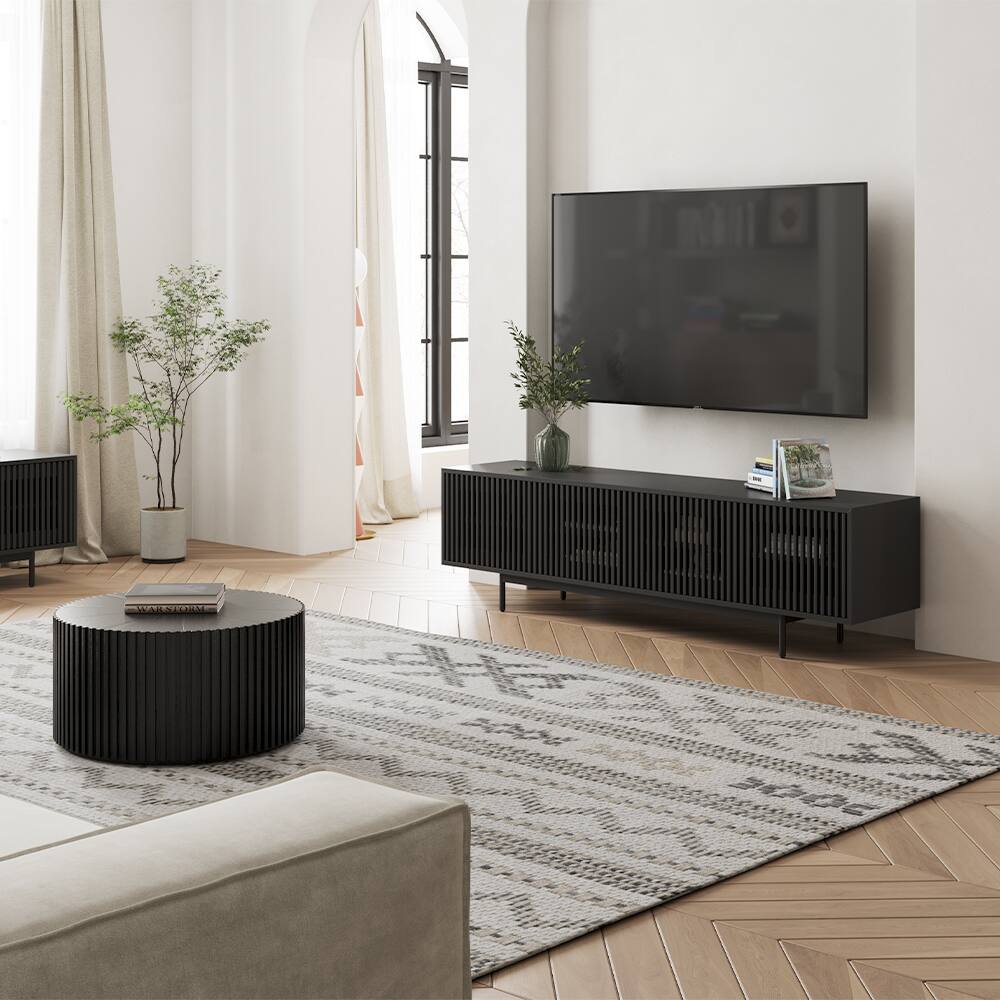 Left. POVISON - 78.74"Mid-Century Modern TV Stand,Modern TV Console,Entertainment Center Media Console, with Openwork Iron Legs Black - Black.