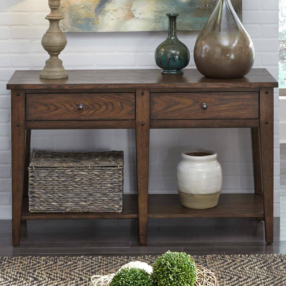 Alt View 1. Liberty Furniture Industries - Lake House Sofa Table in Rustic Brown Oak - Brown.