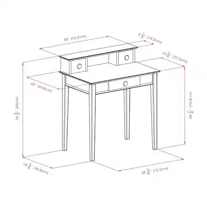30" (76.2cm)
6" (15.5cm)
14 4" (37.3cm)
34" (86.3cm)
20" (50.8cm)
18" (46.8cm)
28" (72.2cm)